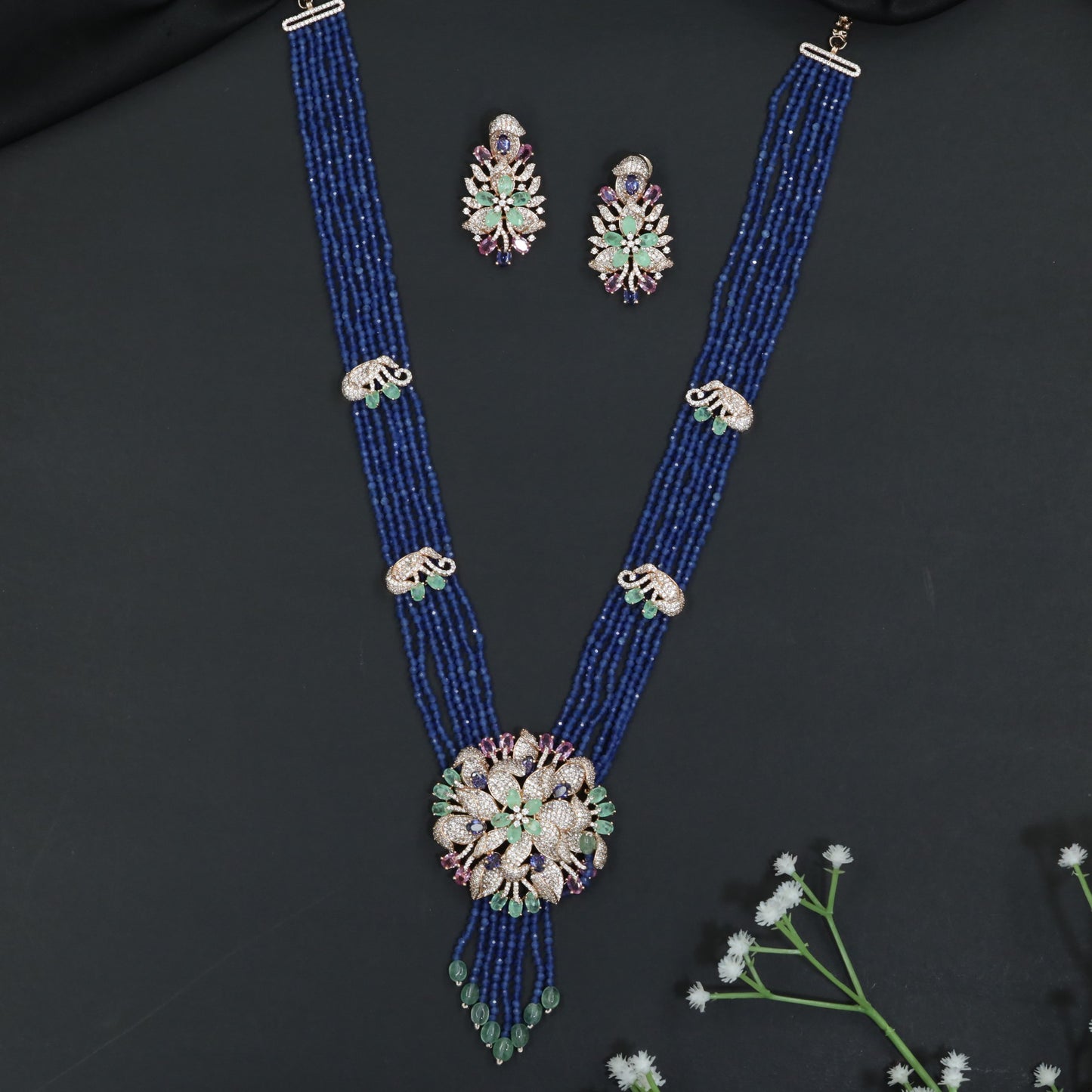 Floral Cluster Medallion Beads Necklace with Matching Earrings
