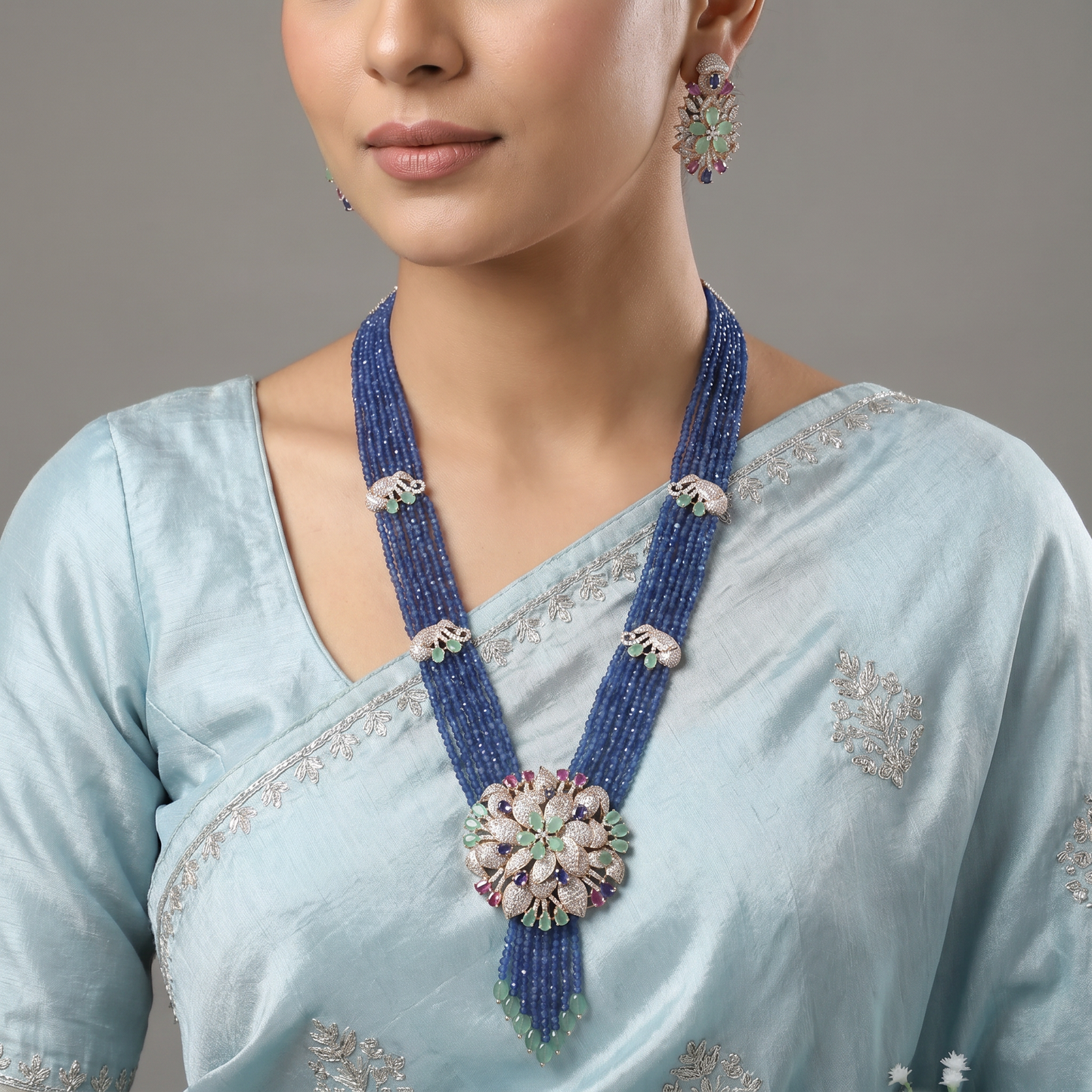 Floral Cluster Medallion Beads Necklace with Matching Earrings