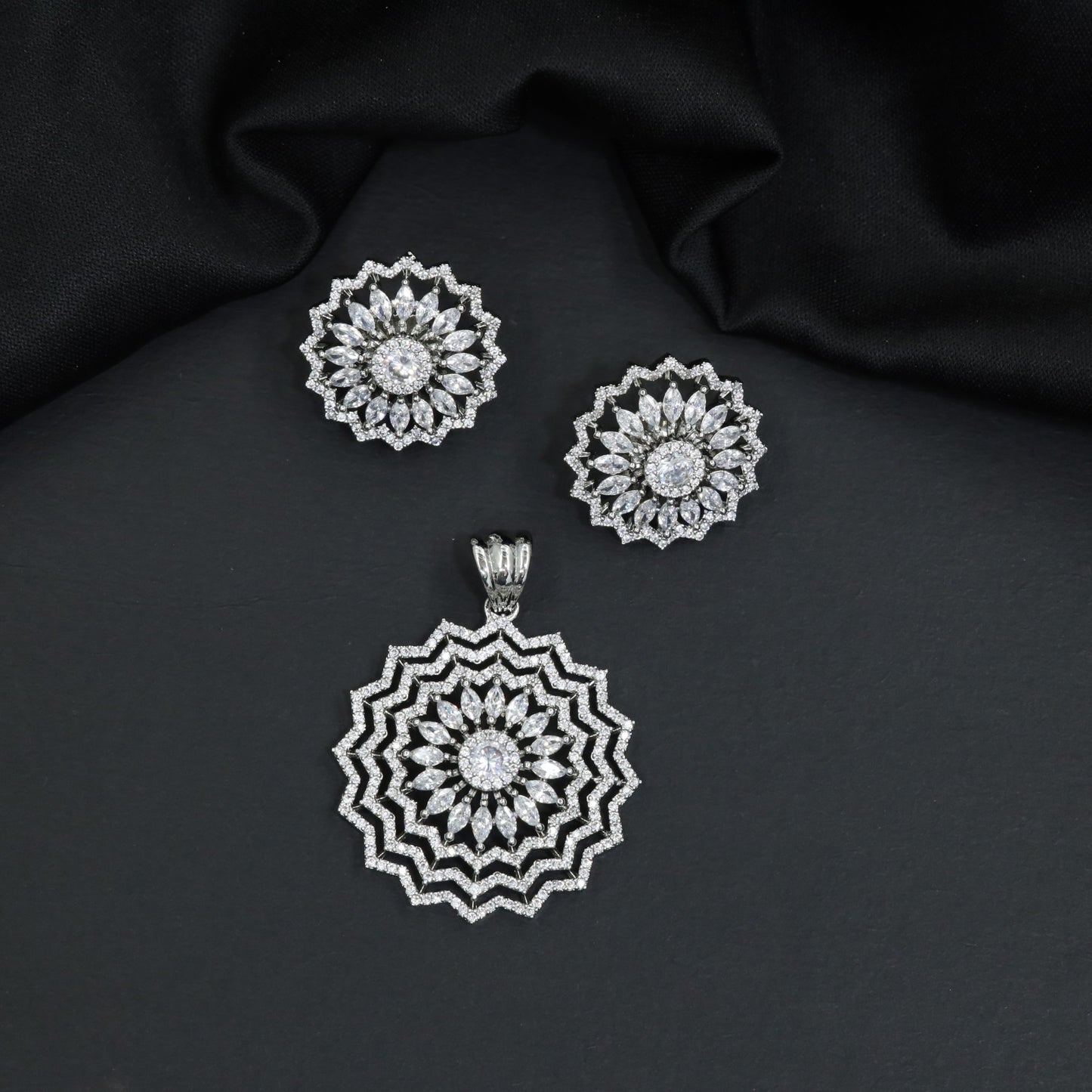Floral Starburst Pendant Set with Layered Halo Design