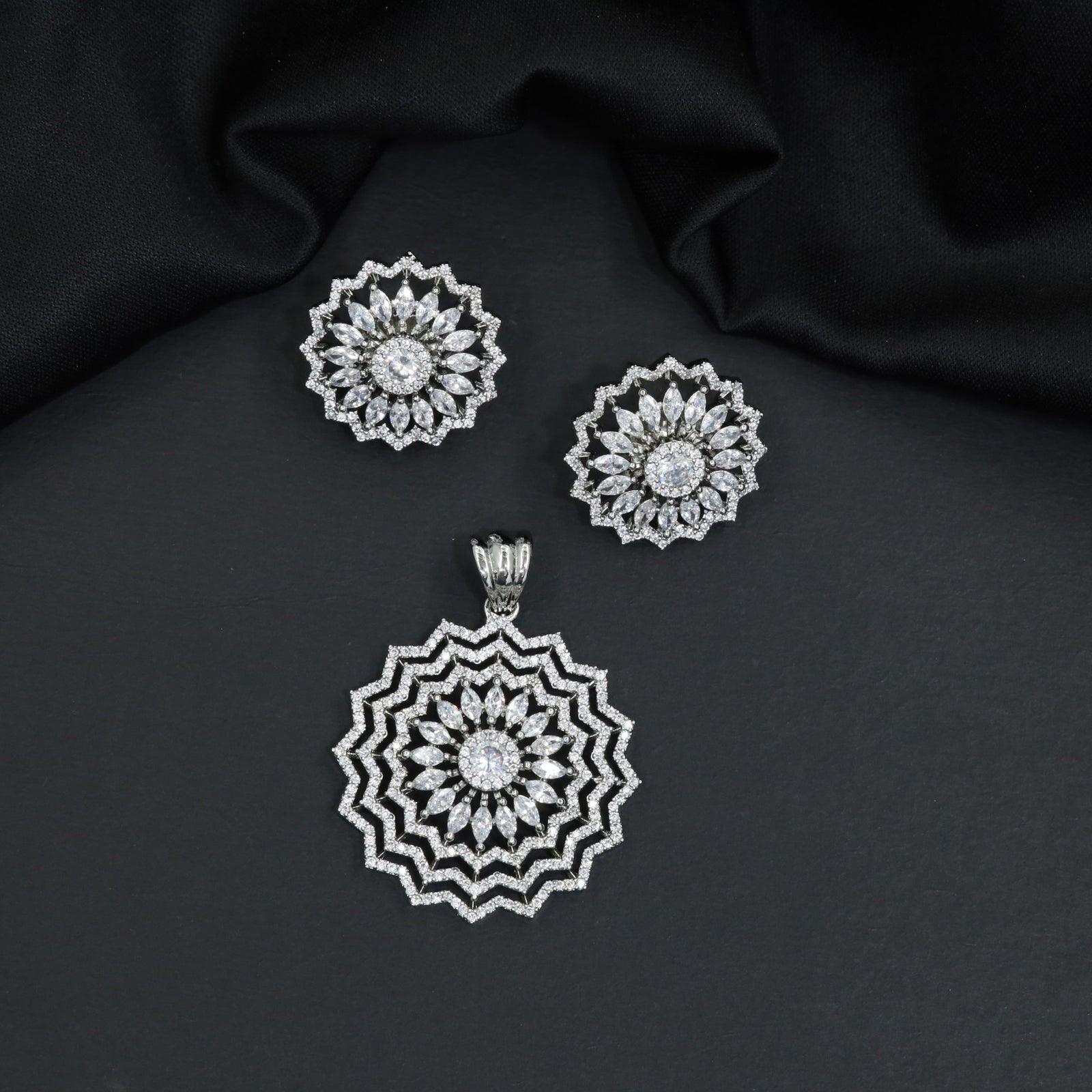 Floral Starburst Pendant Set with Layered Halo Design