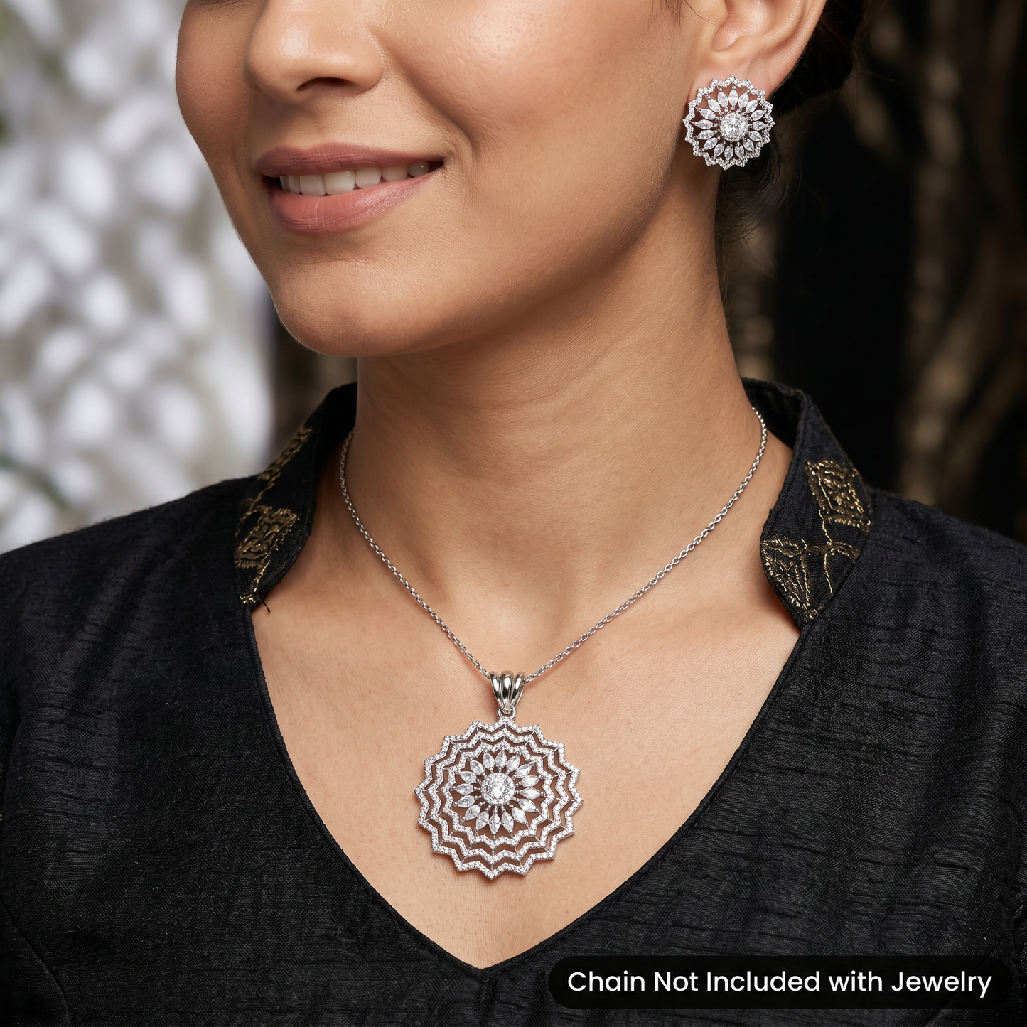 Floral Starburst Pendant Set with Layered Halo Design