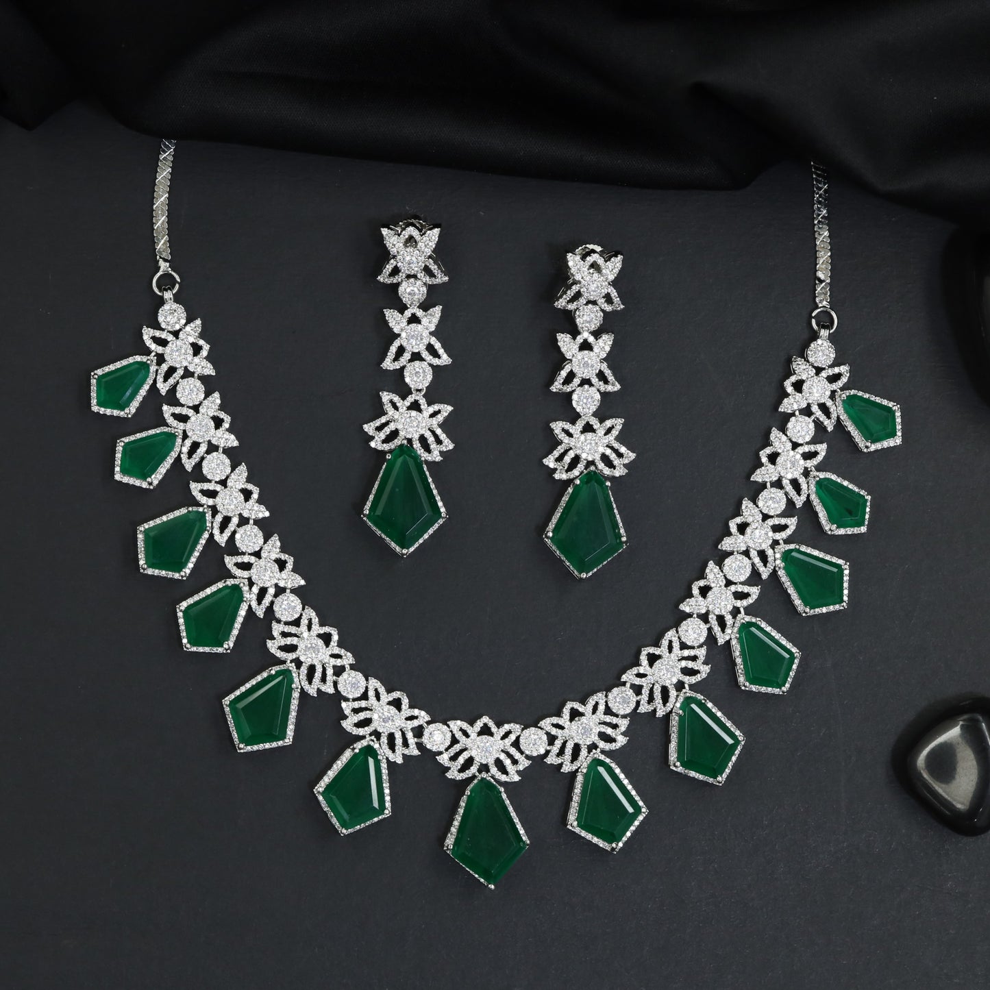 Botanical Garland Rhodium Necklace Set with Geometric Medallion Accents