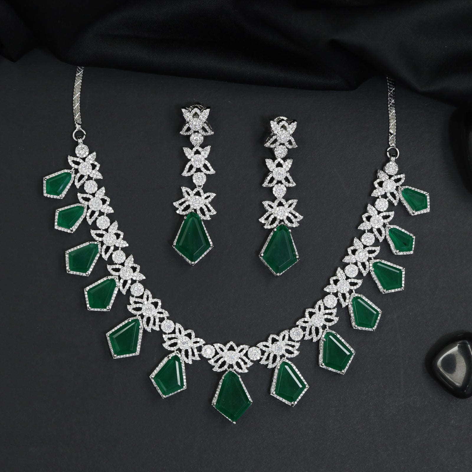 Botanical Garland Rhodium Necklace Set with Geometric Medallion Accents