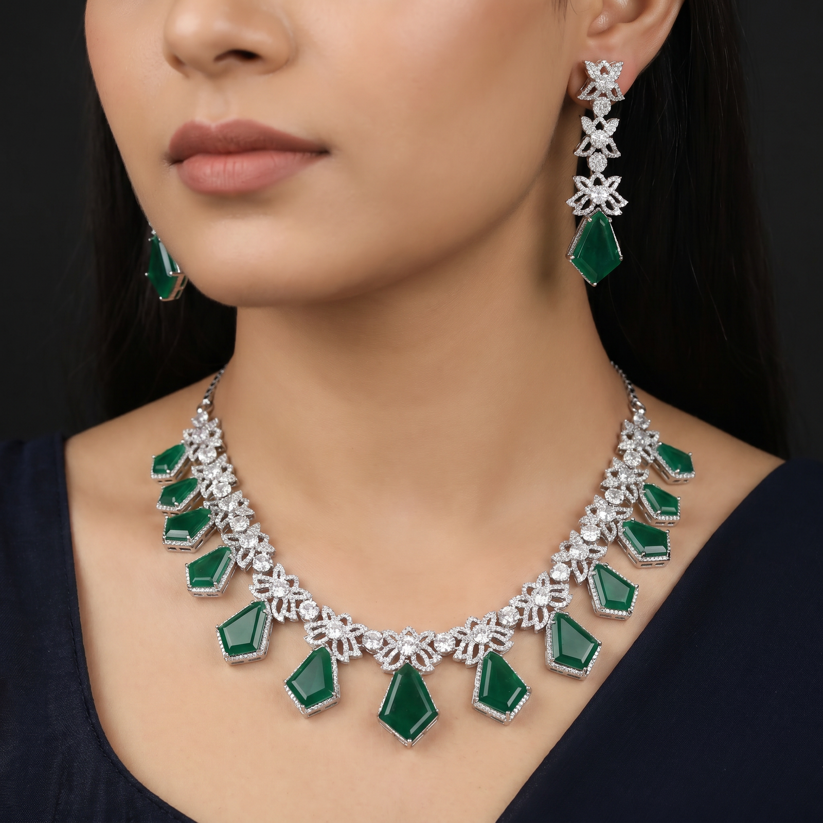 Botanical Garland Rhodium Necklace Set with Geometric Medallion Accents