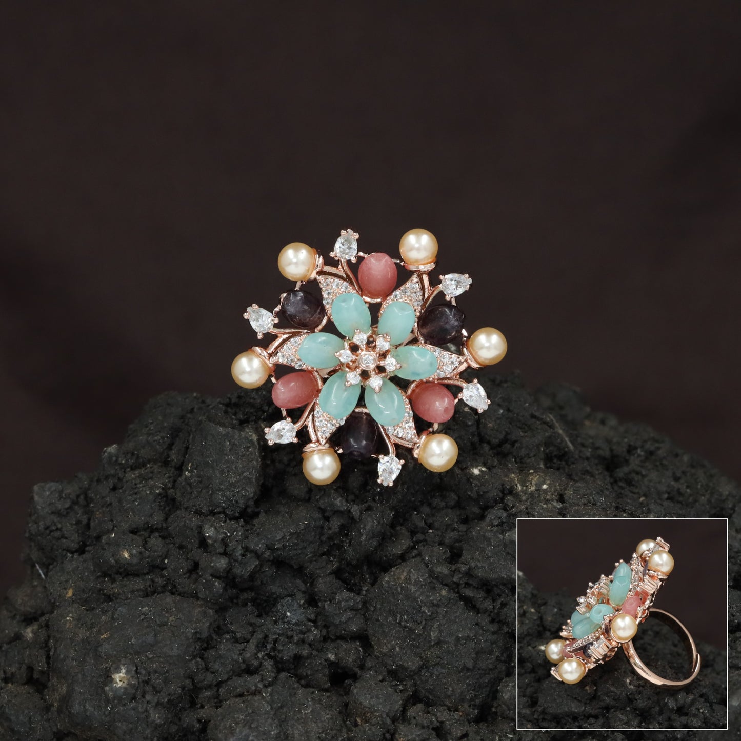 Pearl Tip Floral Rosette Crystal Finger Ring