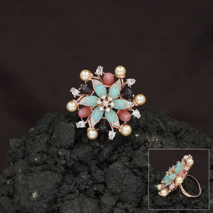 Pearl Tip Floral Rosette Crystal Finger Ring
