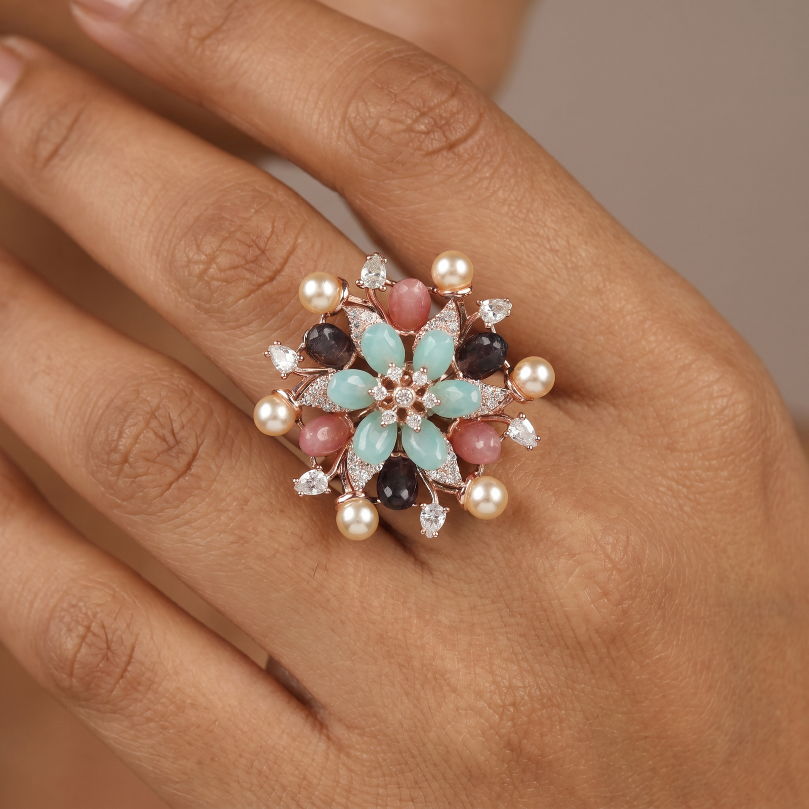 Pearl Tip Floral Rosette Crystal Finger Ring