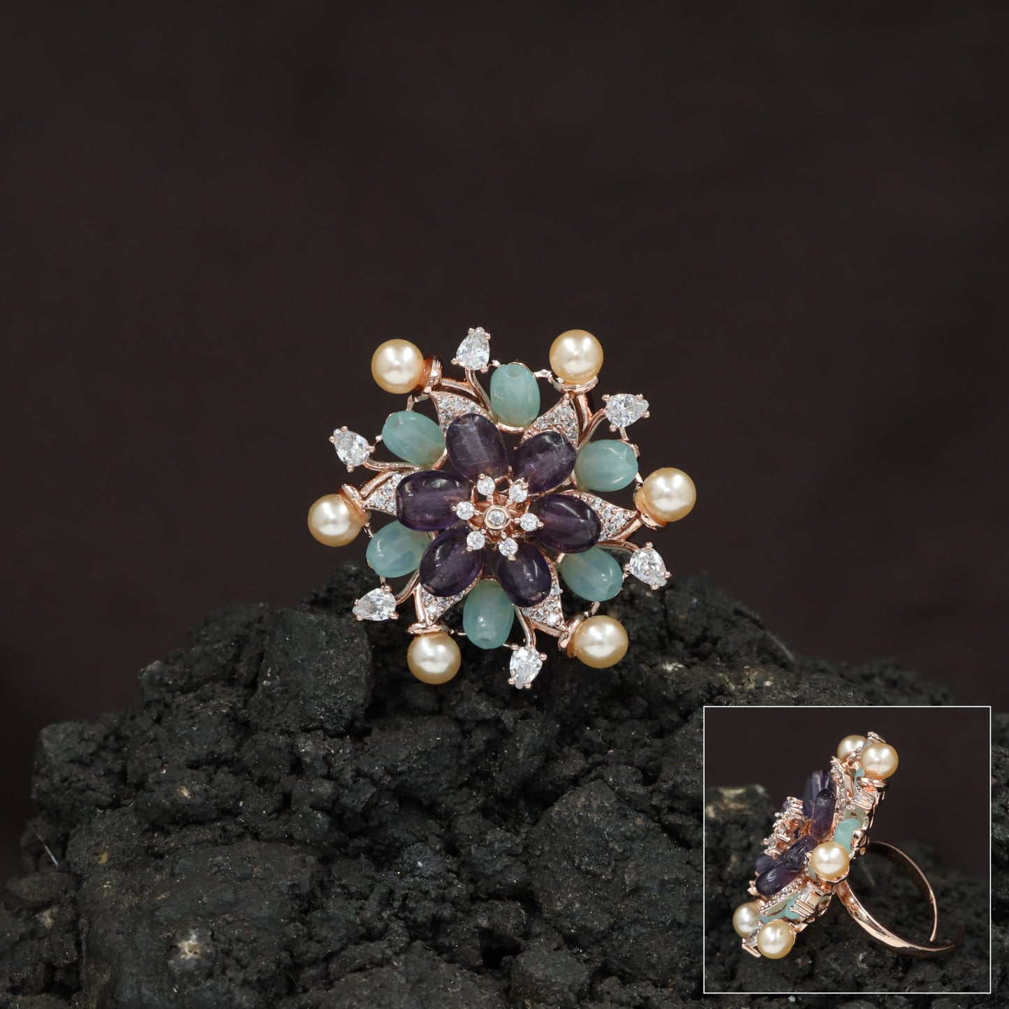 Pearl Tip Floral Rosette Crystal Finger Ring
