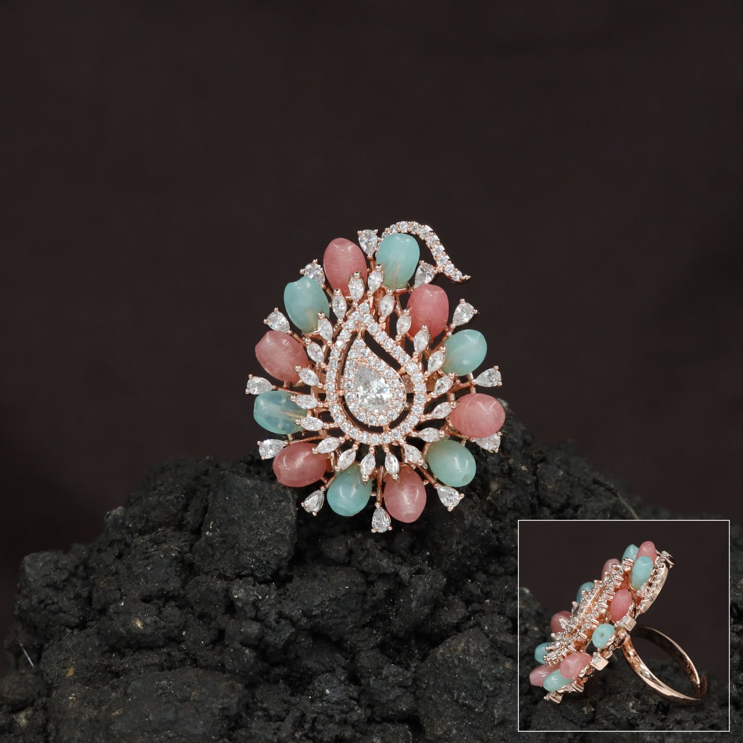 Crystal Paisley Center Finger Ring with Radiating Petal Design