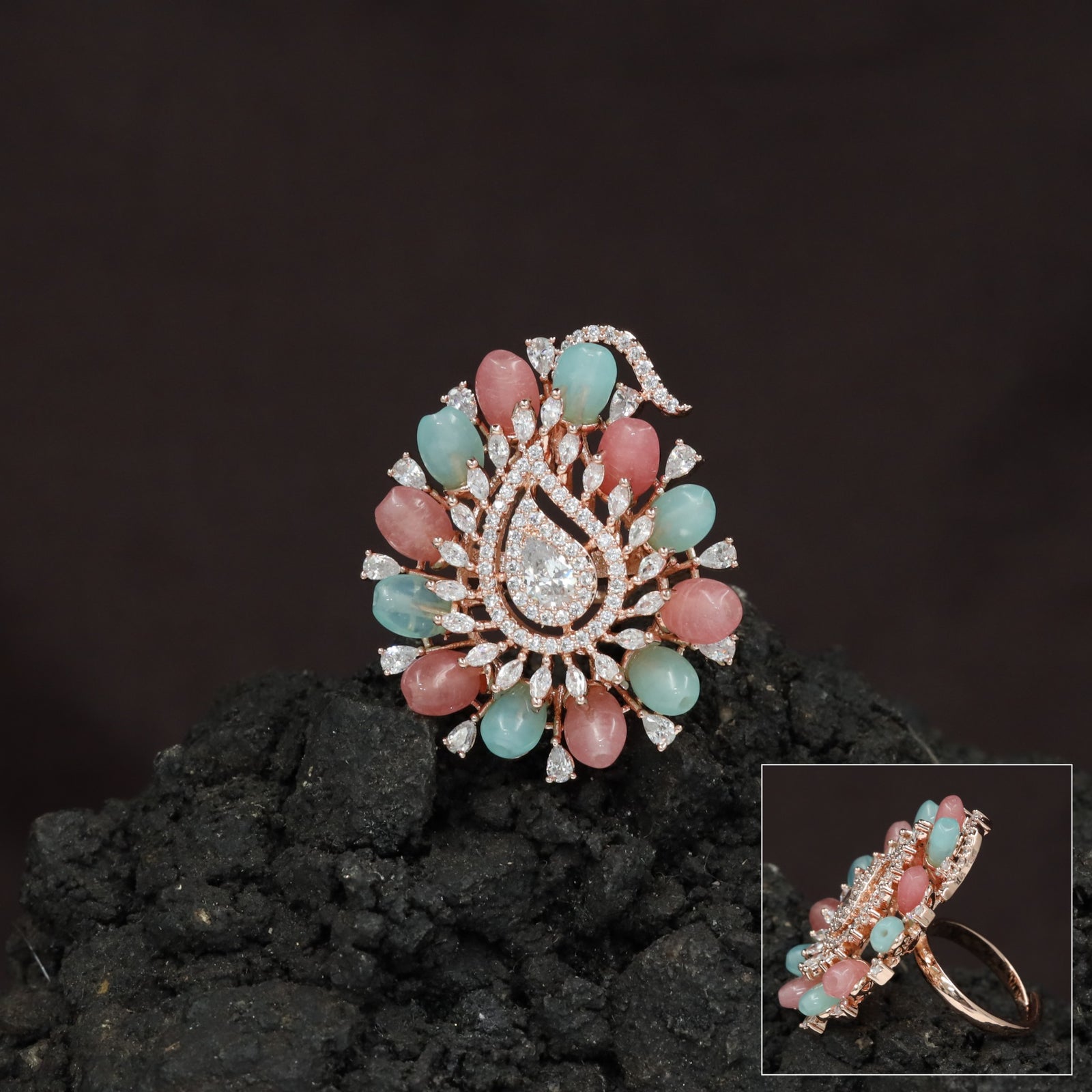 Crystal Paisley Center Finger Ring with Radiating Petal Design