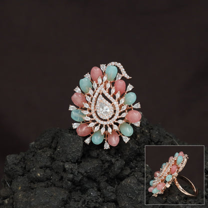 Crystal Paisley Center Finger Ring with Radiating Petal Design