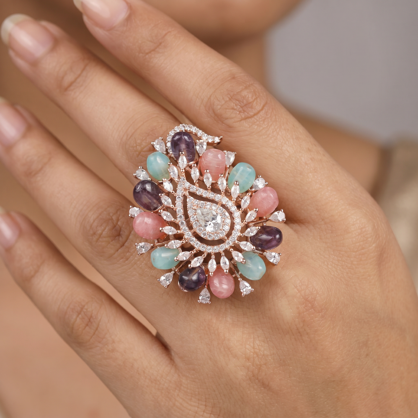 Crystal Paisley Center Finger Ring with Radiating Petal Design