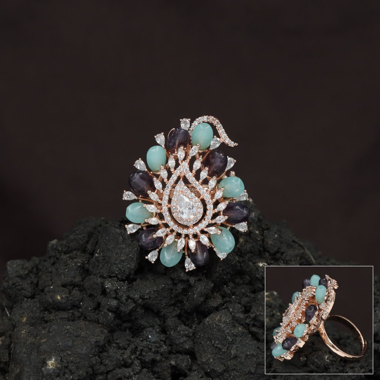 Crystal Paisley Center Finger Ring with Radiating Petal Design