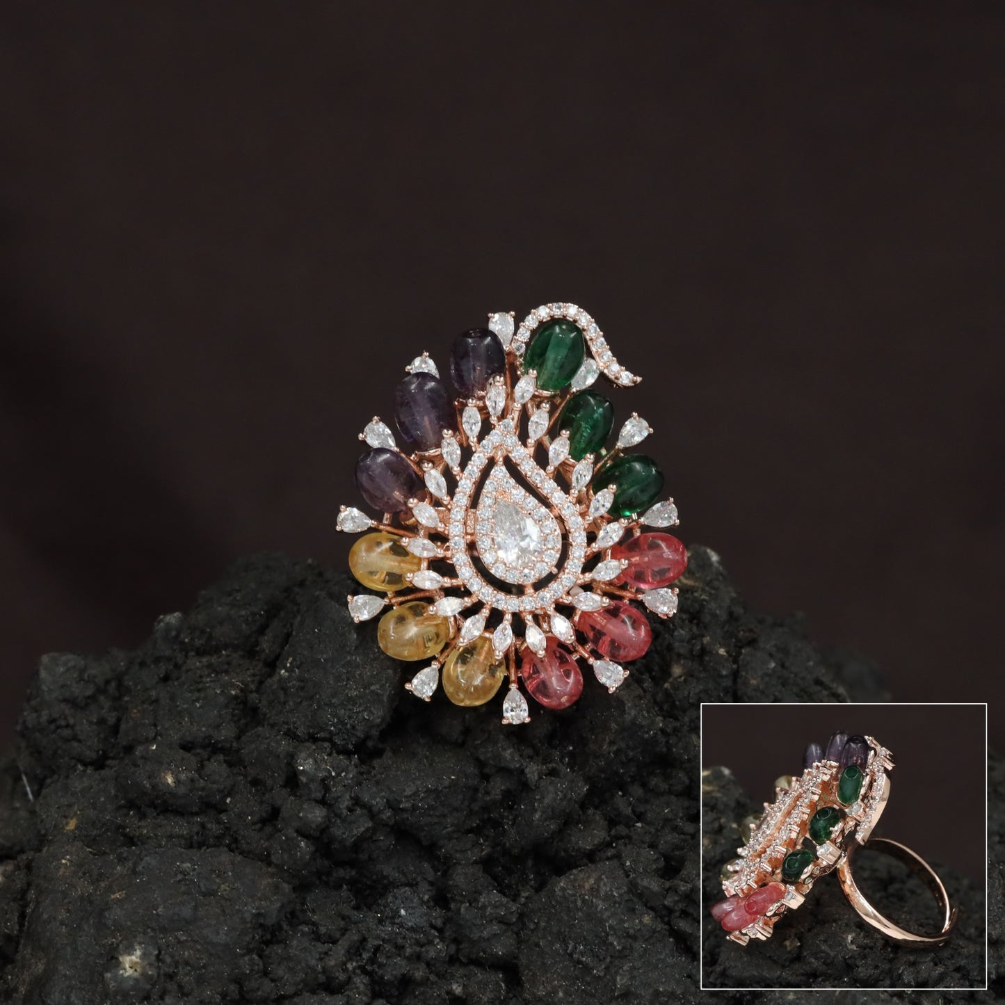 Crystal Paisley Center Finger Ring with Radiating Petal Design