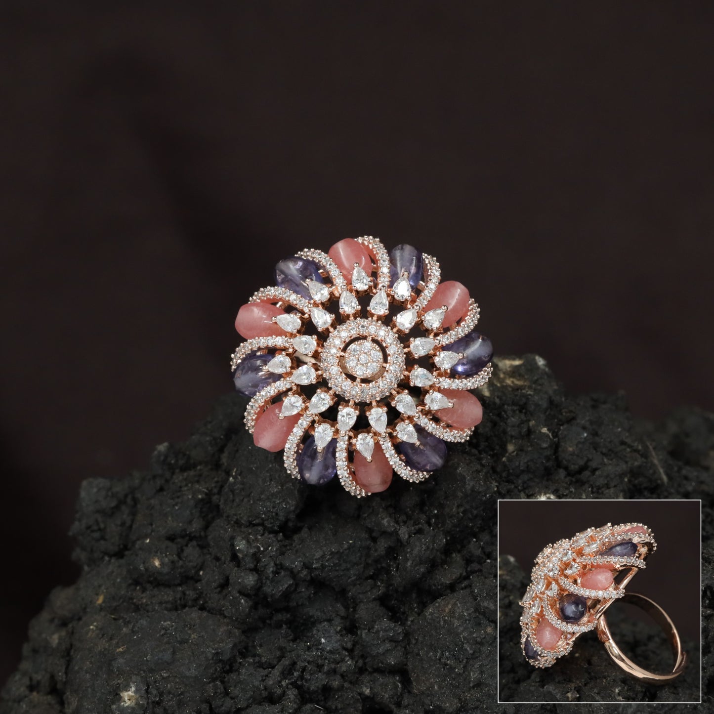 Spiral Floral Crystal Finger Ring with Layered Petal Design