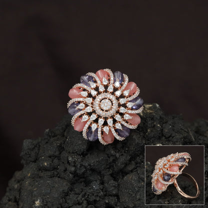 Spiral Floral Crystal Finger Ring with Layered Petal Design