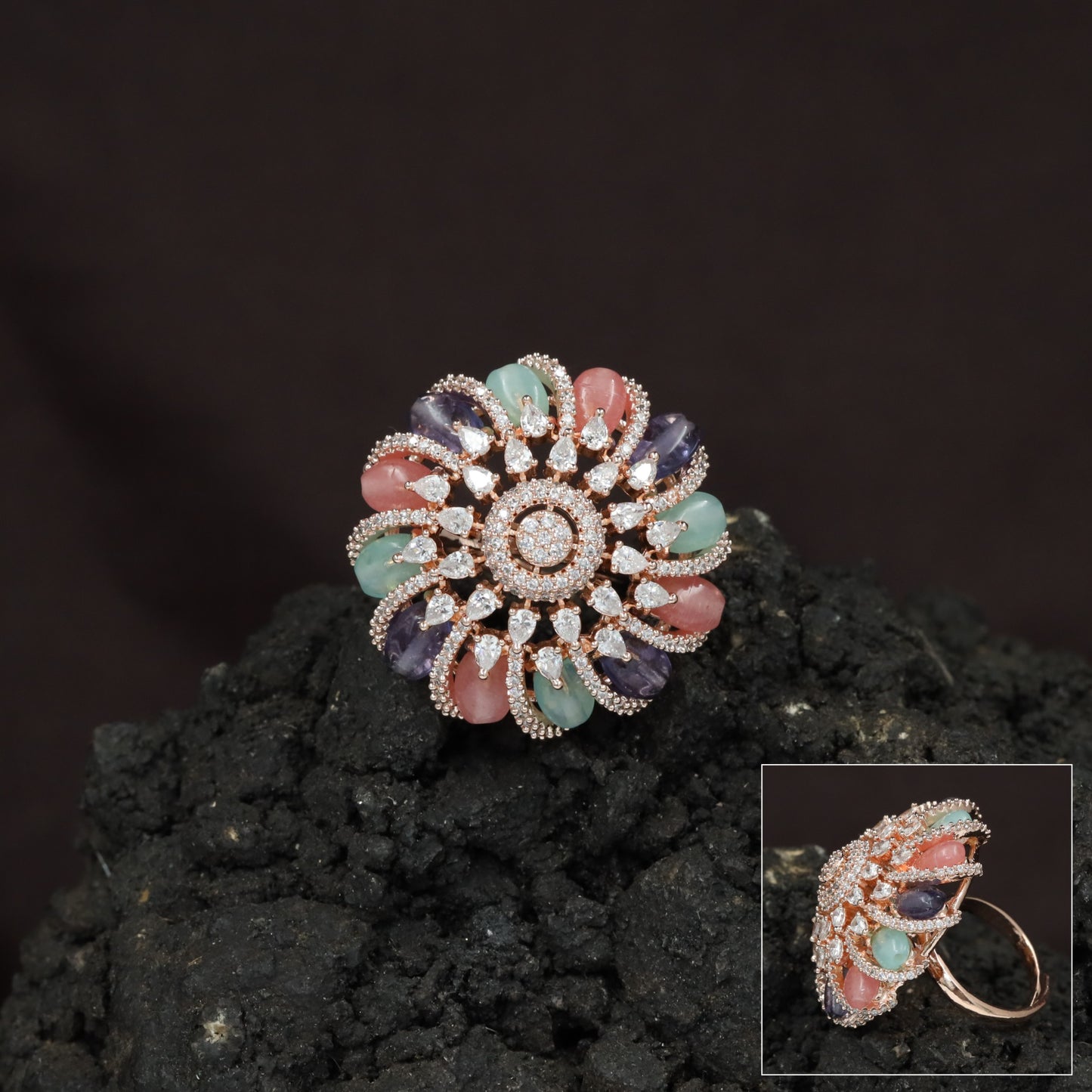 Spiral Floral Crystal Finger Ring with Layered Petal Design