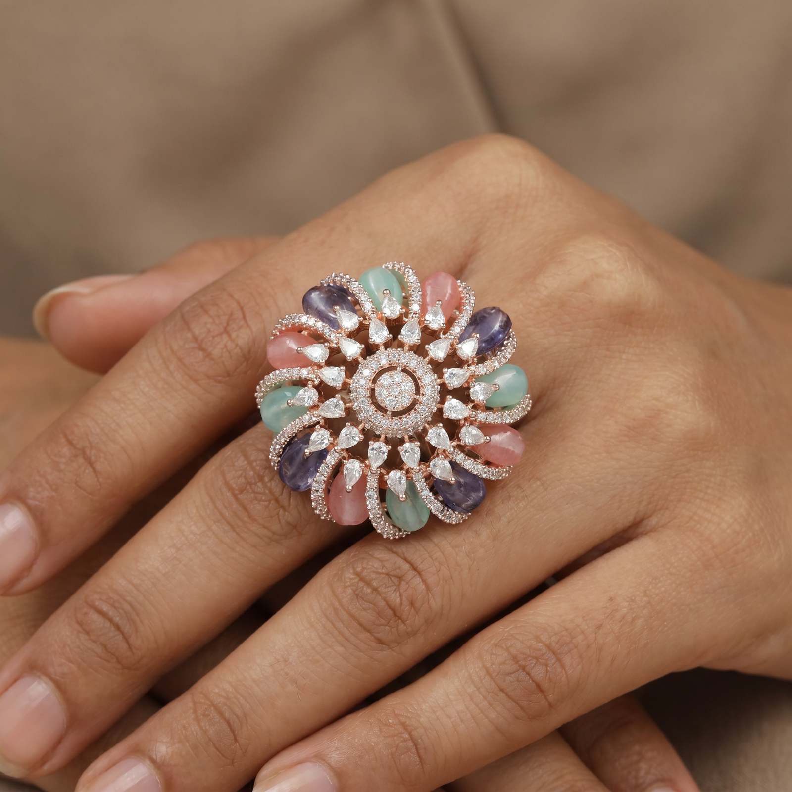 Spiral Floral Crystal Finger Ring with Layered Petal Design