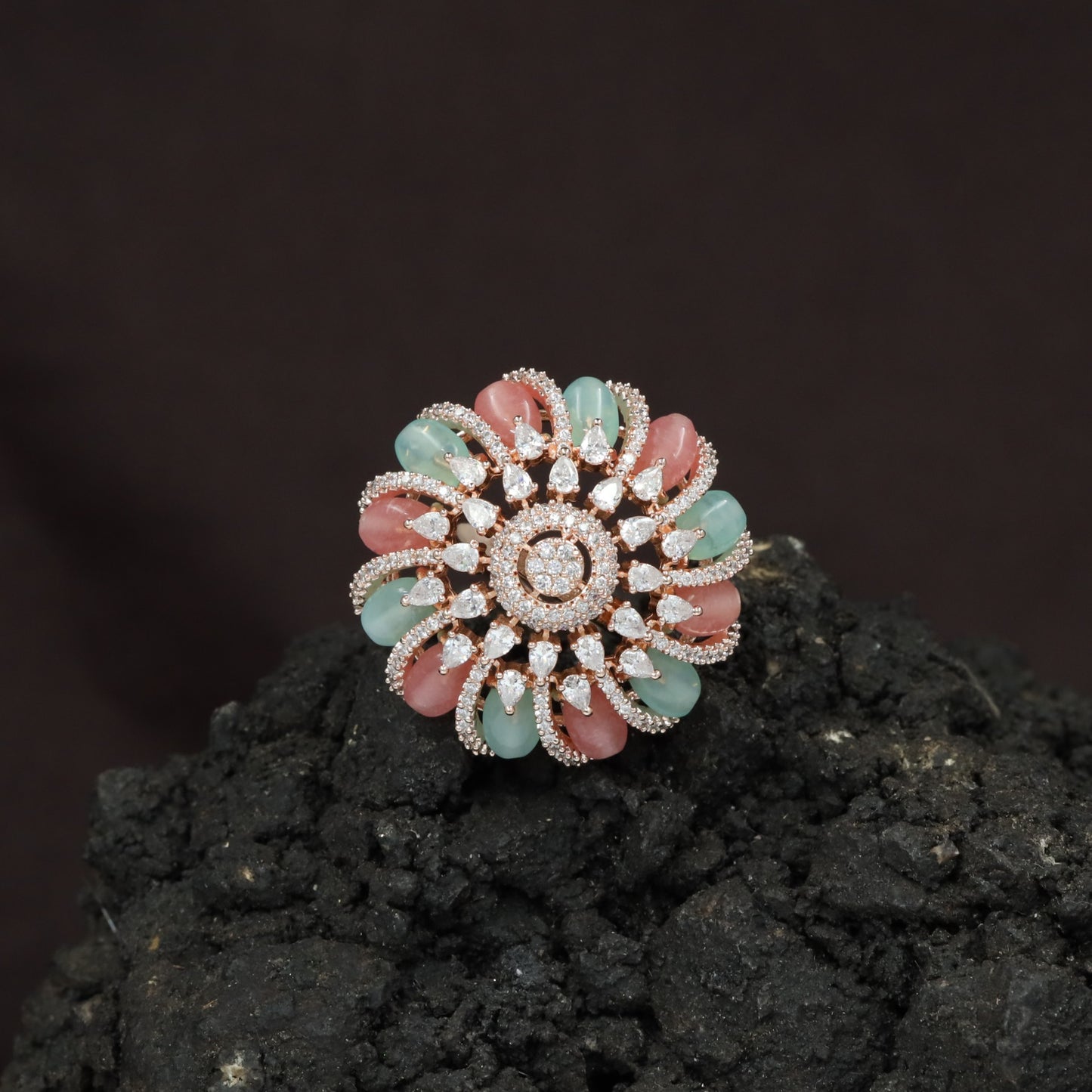 Spiral Floral Crystal Finger Ring with Layered Petal Design