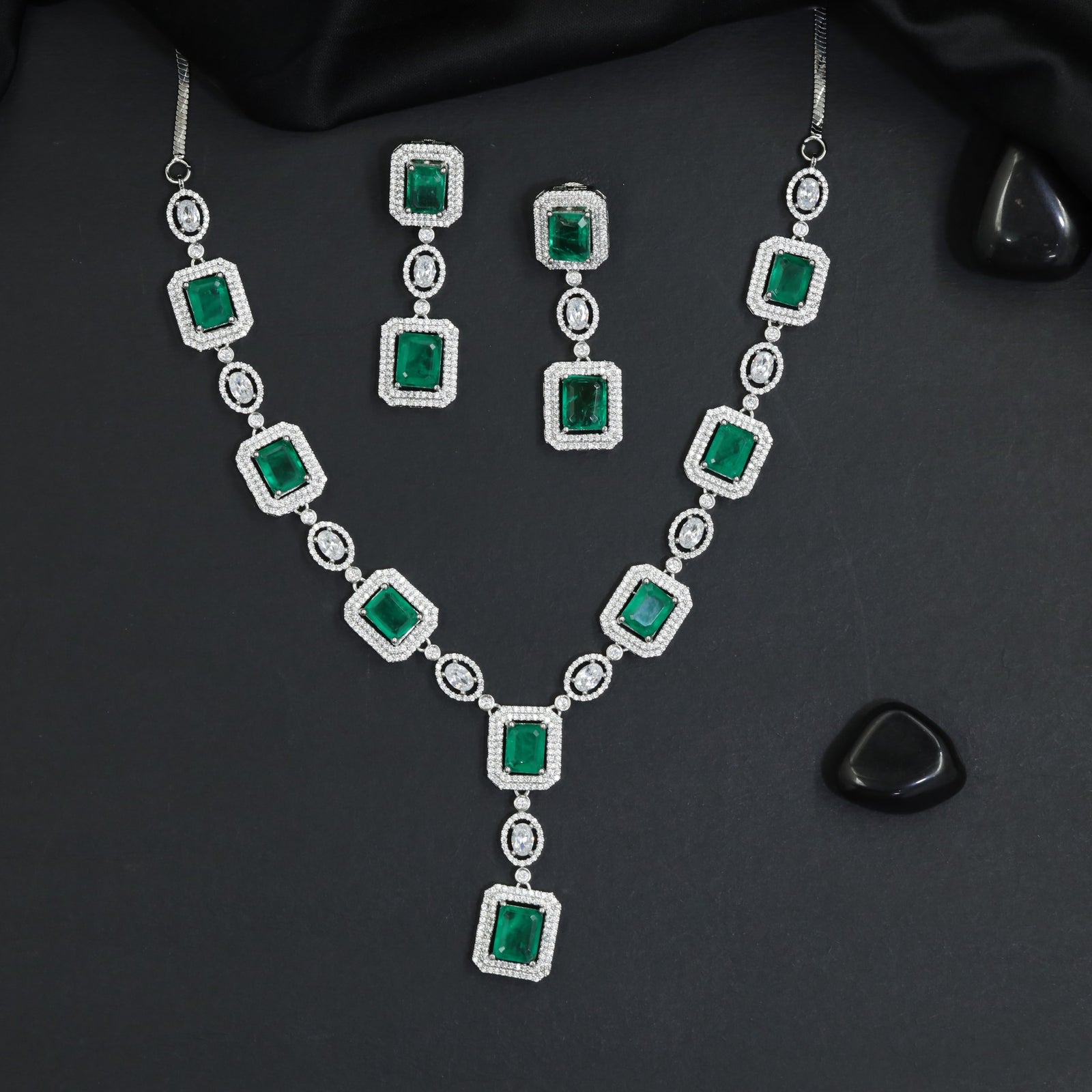 Architectural Rhodium Necklace Set with Square Link Silhouette
