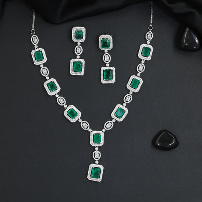 Architectural Rhodium Necklace Set with Square Link Silhouette