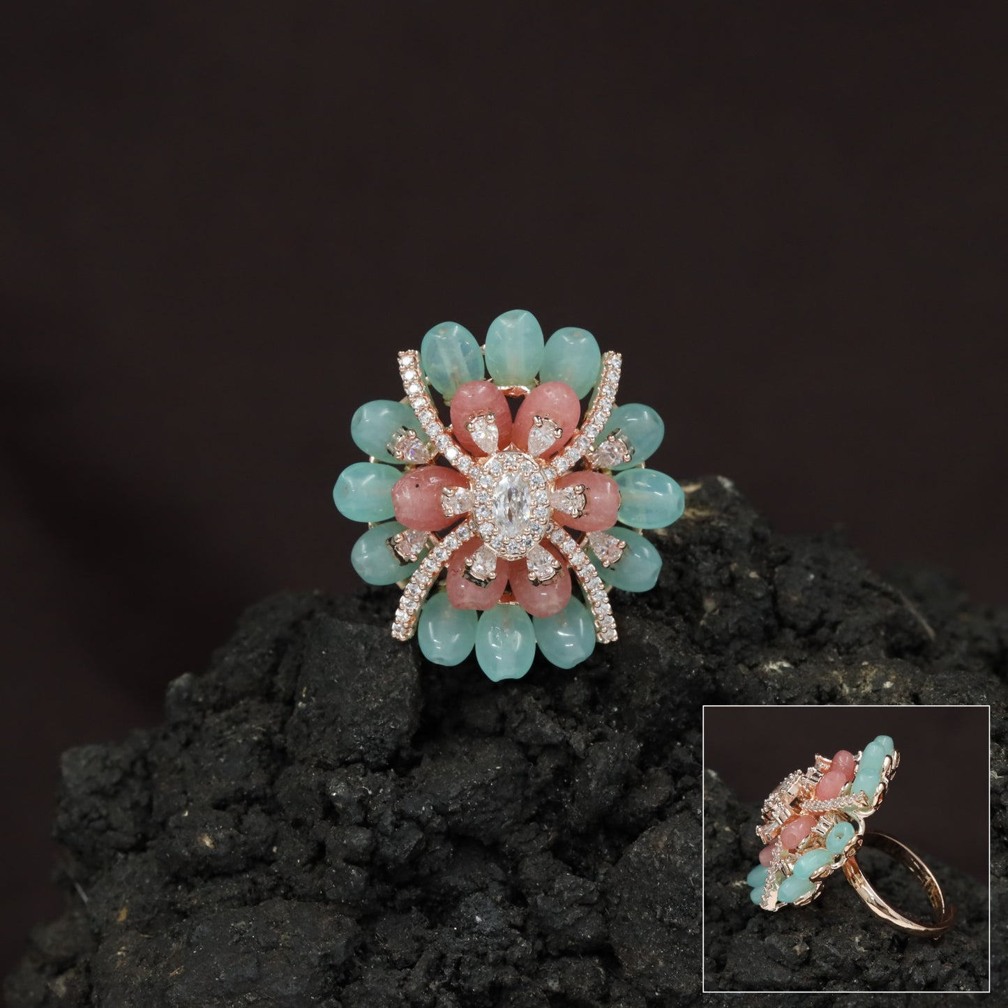 Floral Petal Crystal Finger Ring with Layered Bloom Design