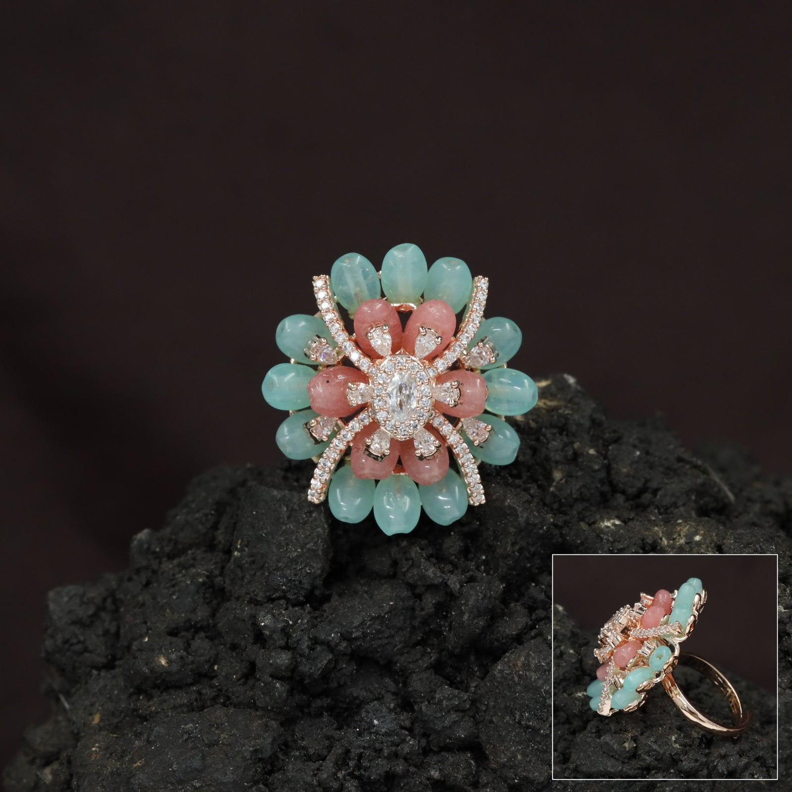 Floral Petal Crystal Finger Ring with Layered Bloom Design