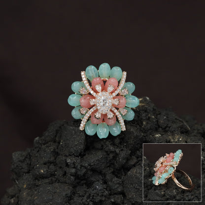 Floral Petal Crystal Finger Ring with Layered Bloom Design