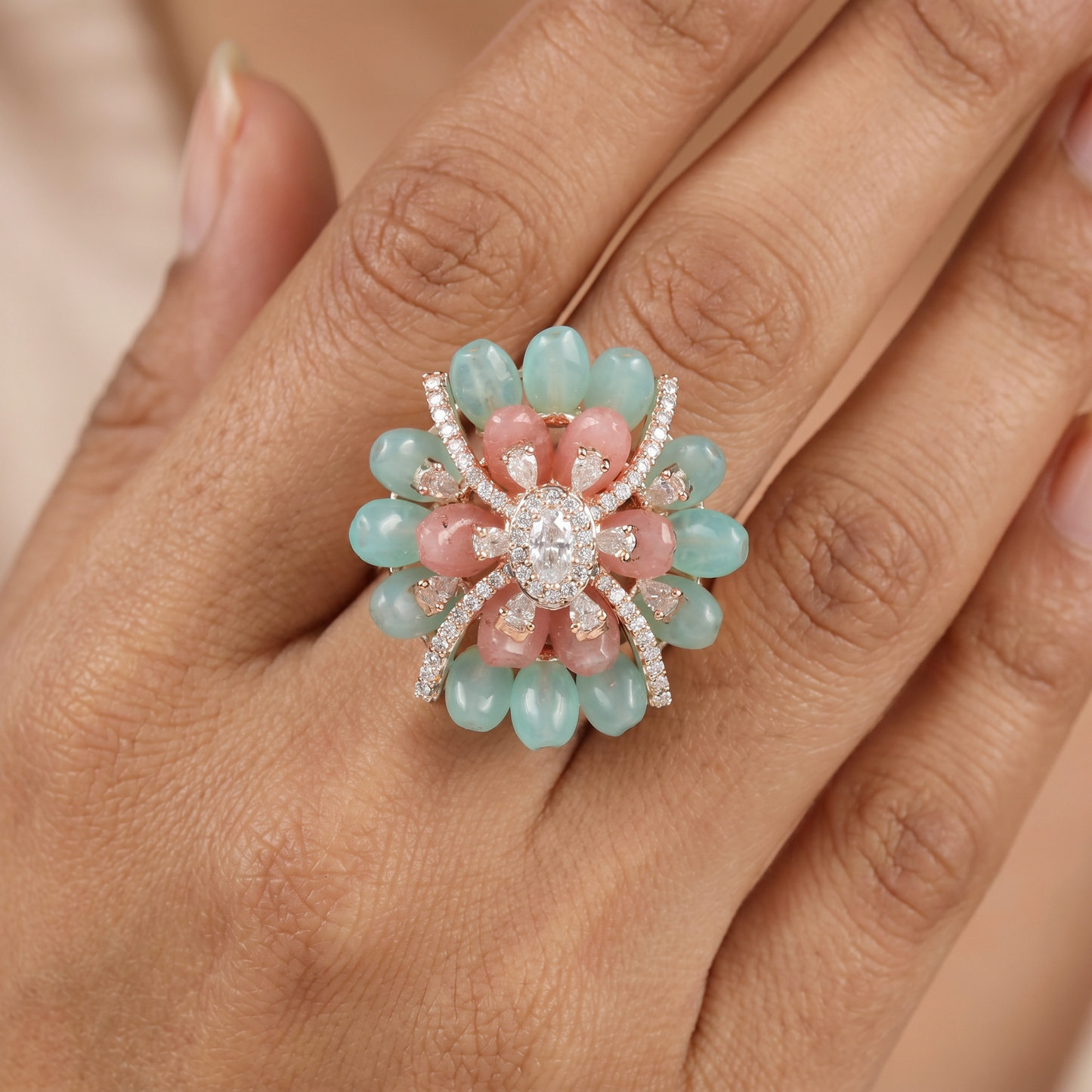 Floral Petal Crystal Finger Ring with Layered Bloom Design