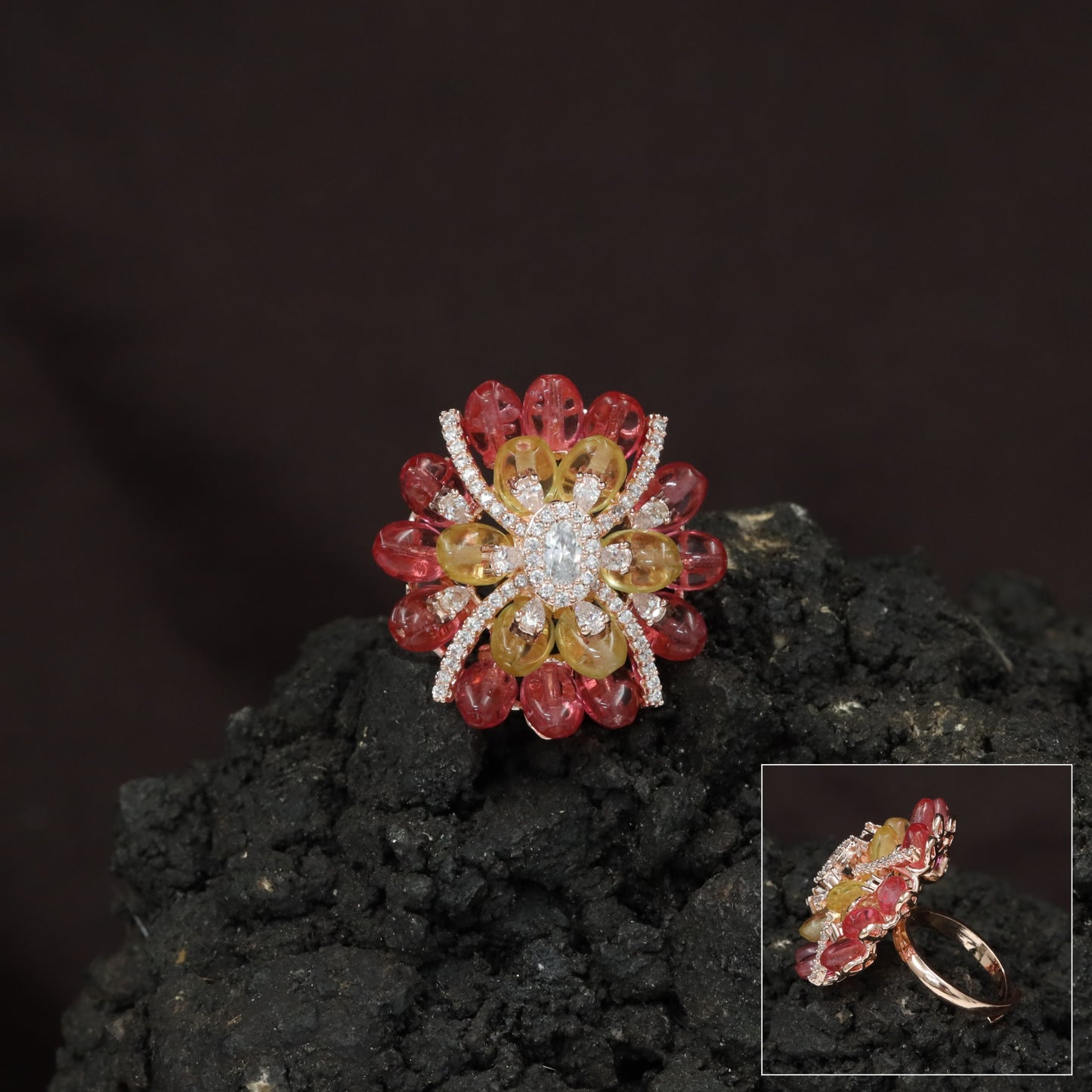 Floral Petal Crystal Finger Ring with Layered Bloom Design