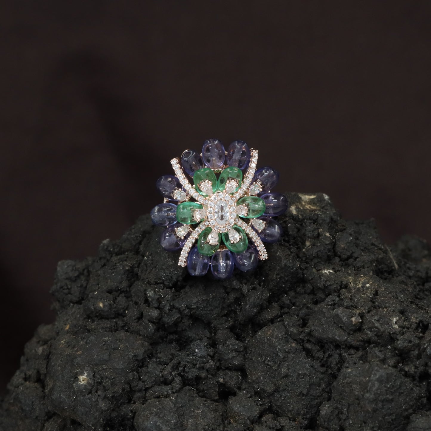 Floral Petal Crystal Finger Ring with Layered Bloom Design
