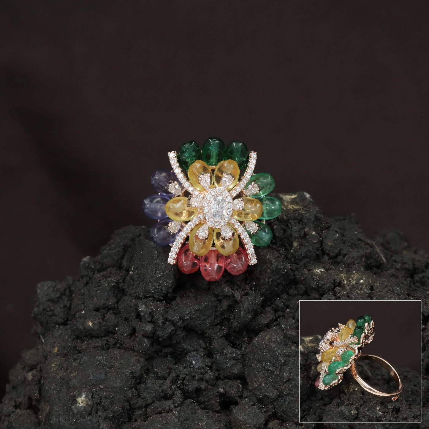 Floral Petal Crystal Finger Ring with Layered Bloom Design