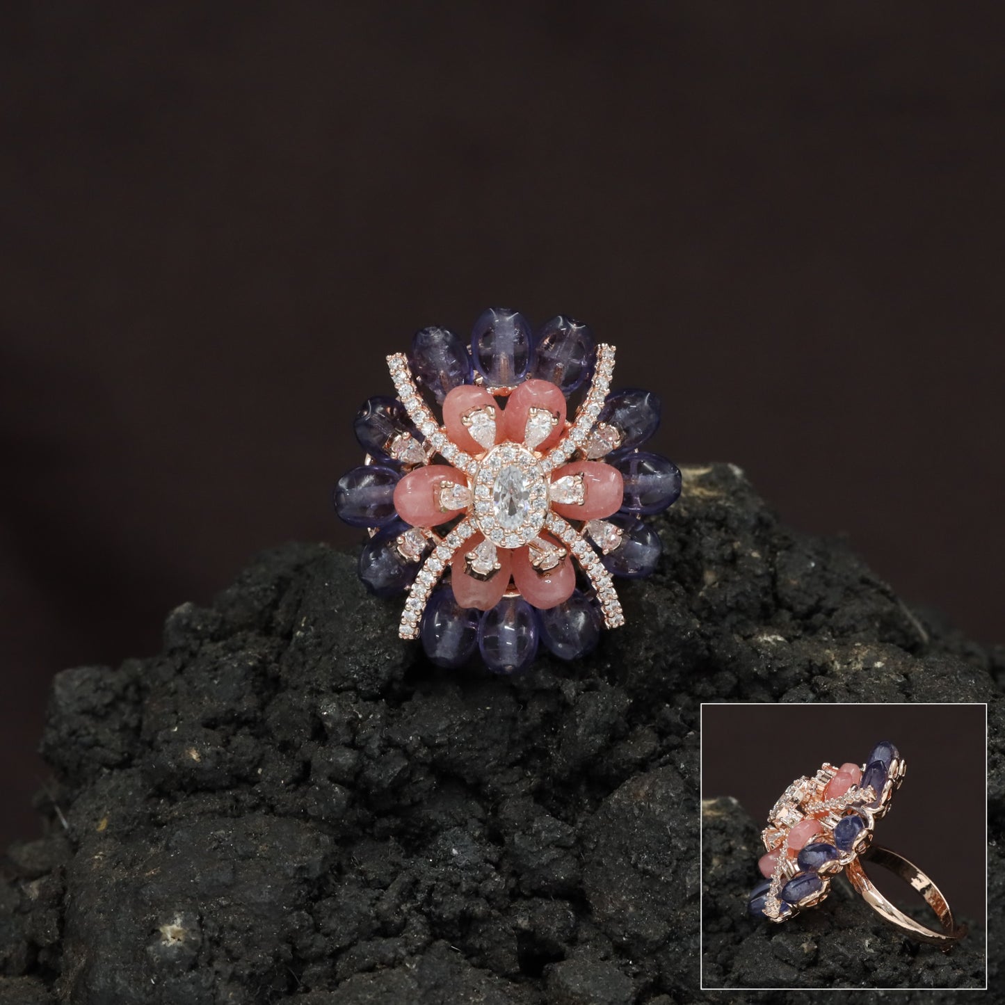 Floral Petal Crystal Finger Ring with Layered Bloom Design