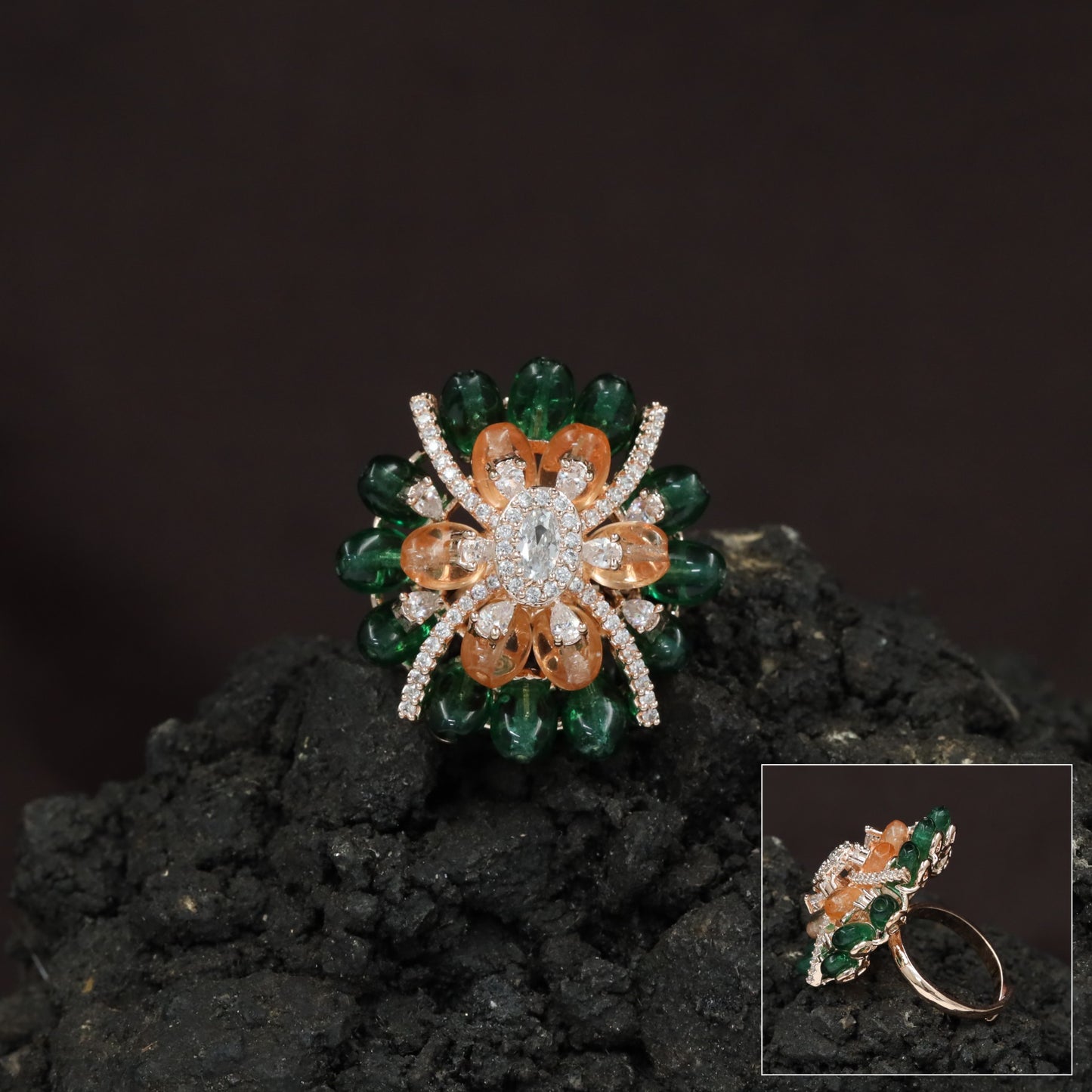 Floral Petal Crystal Finger Ring with Layered Bloom Design