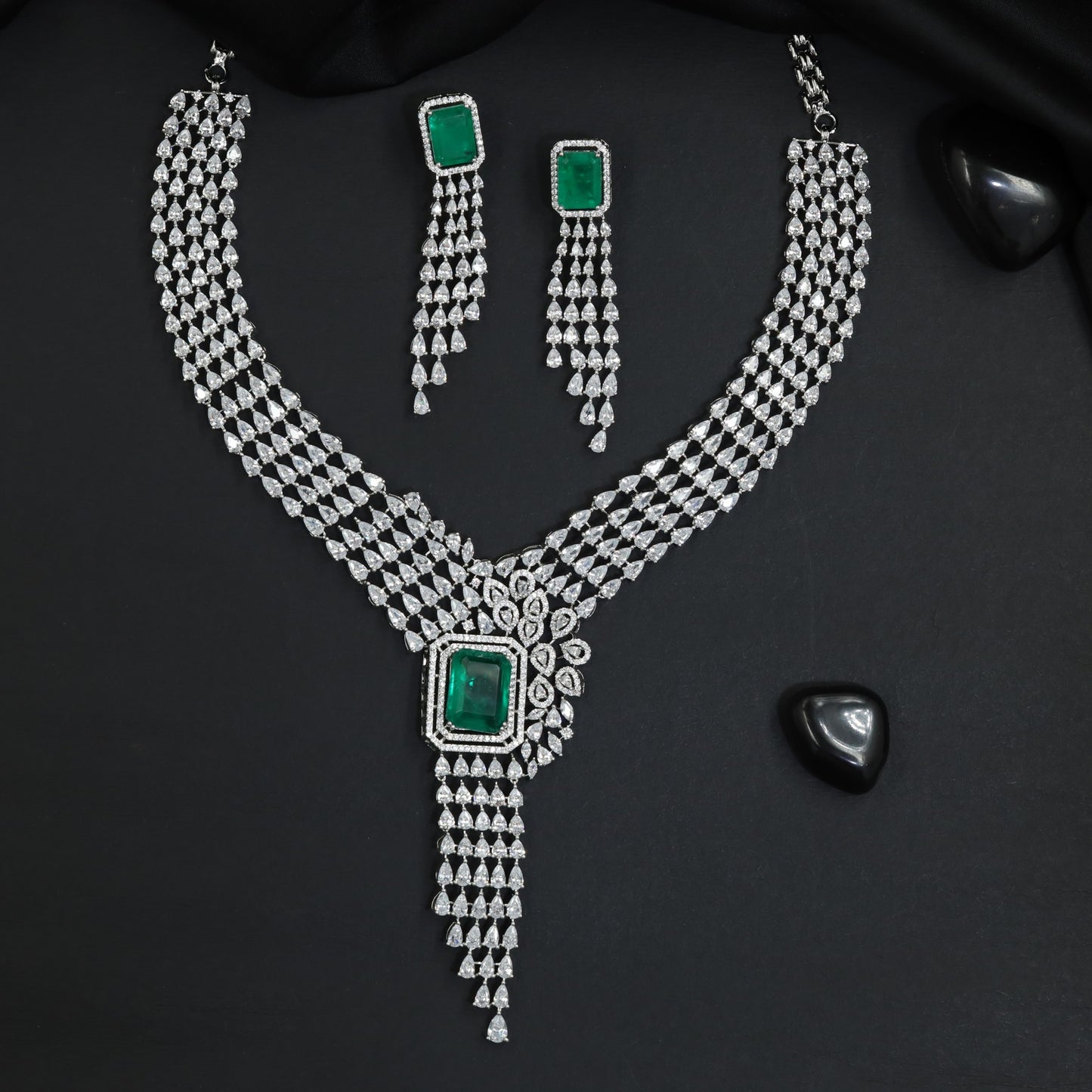 Festoon Layered Rhodium Necklace Set with Structured Centrepiece