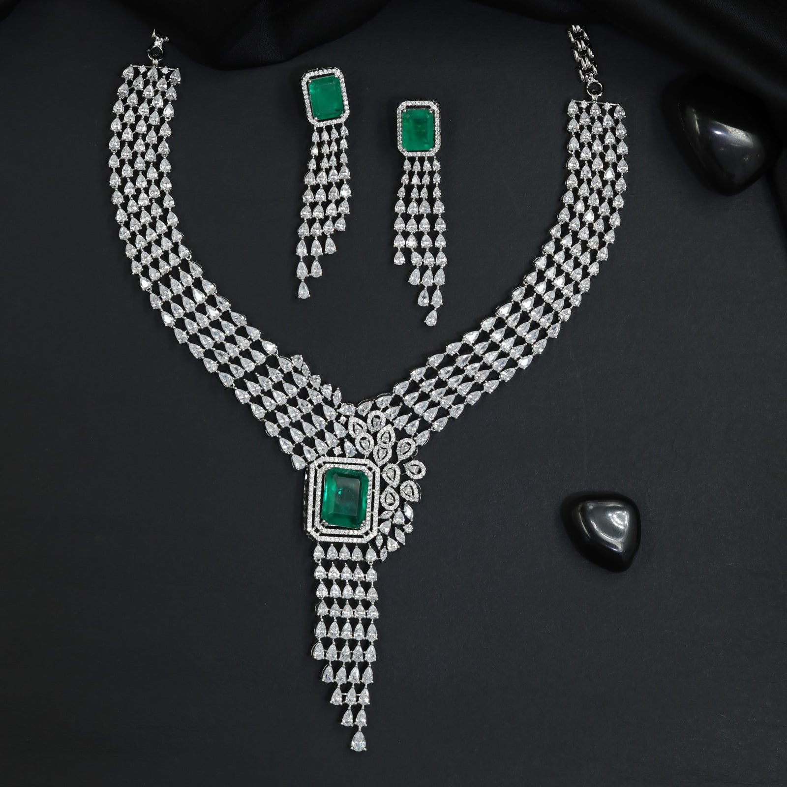 Festoon Layered Rhodium Necklace Set with Structured Centrepiece