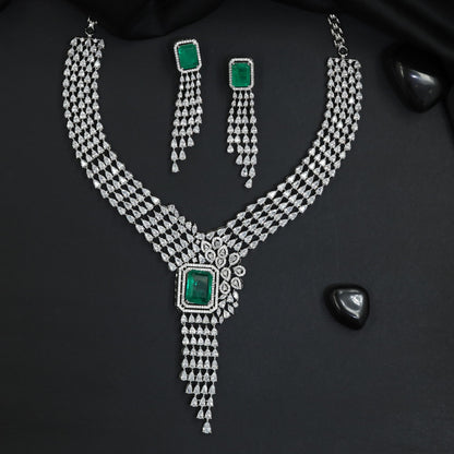 Festoon Layered Rhodium Necklace Set with Structured Centrepiece