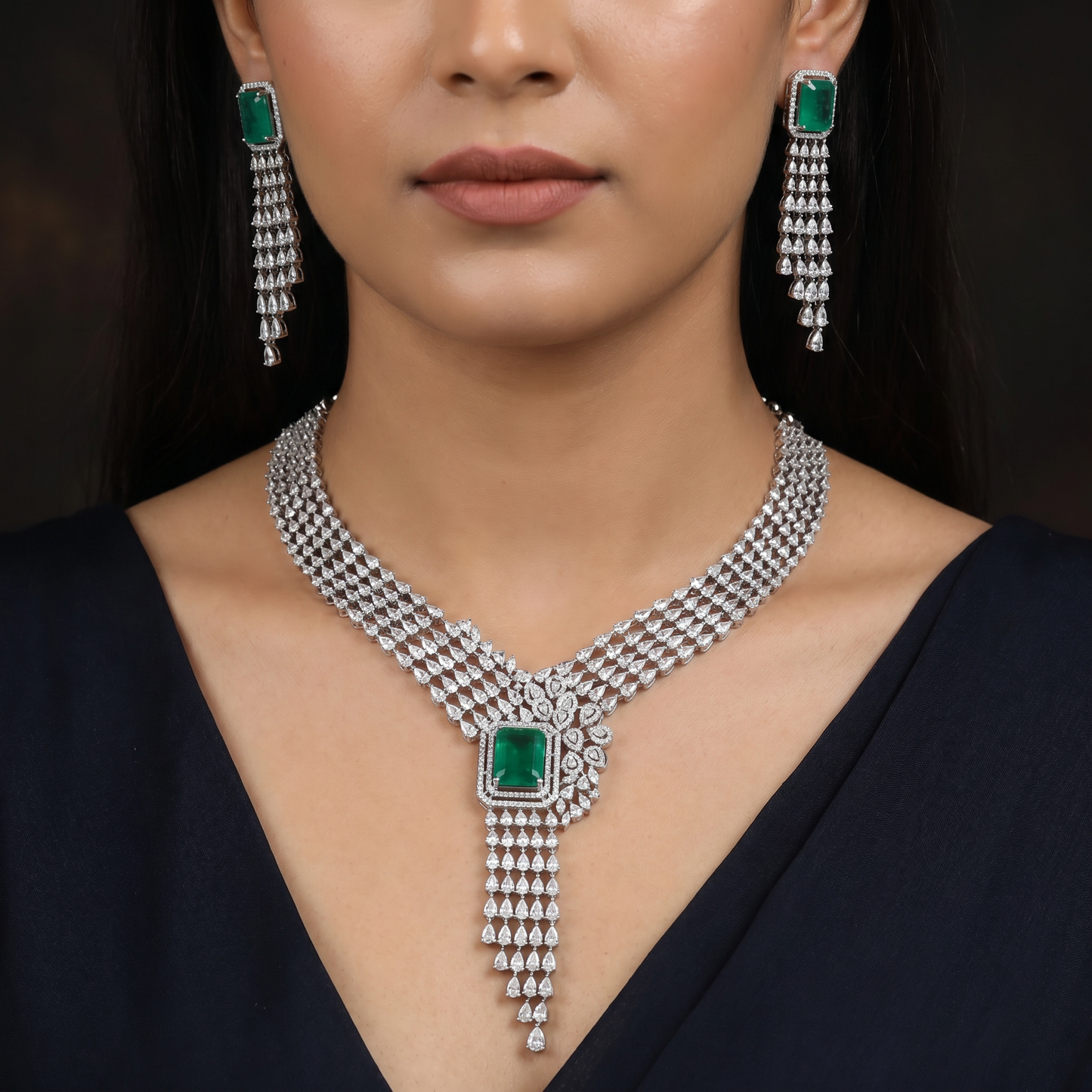 Festoon Layered Rhodium Necklace Set with Structured Centrepiece