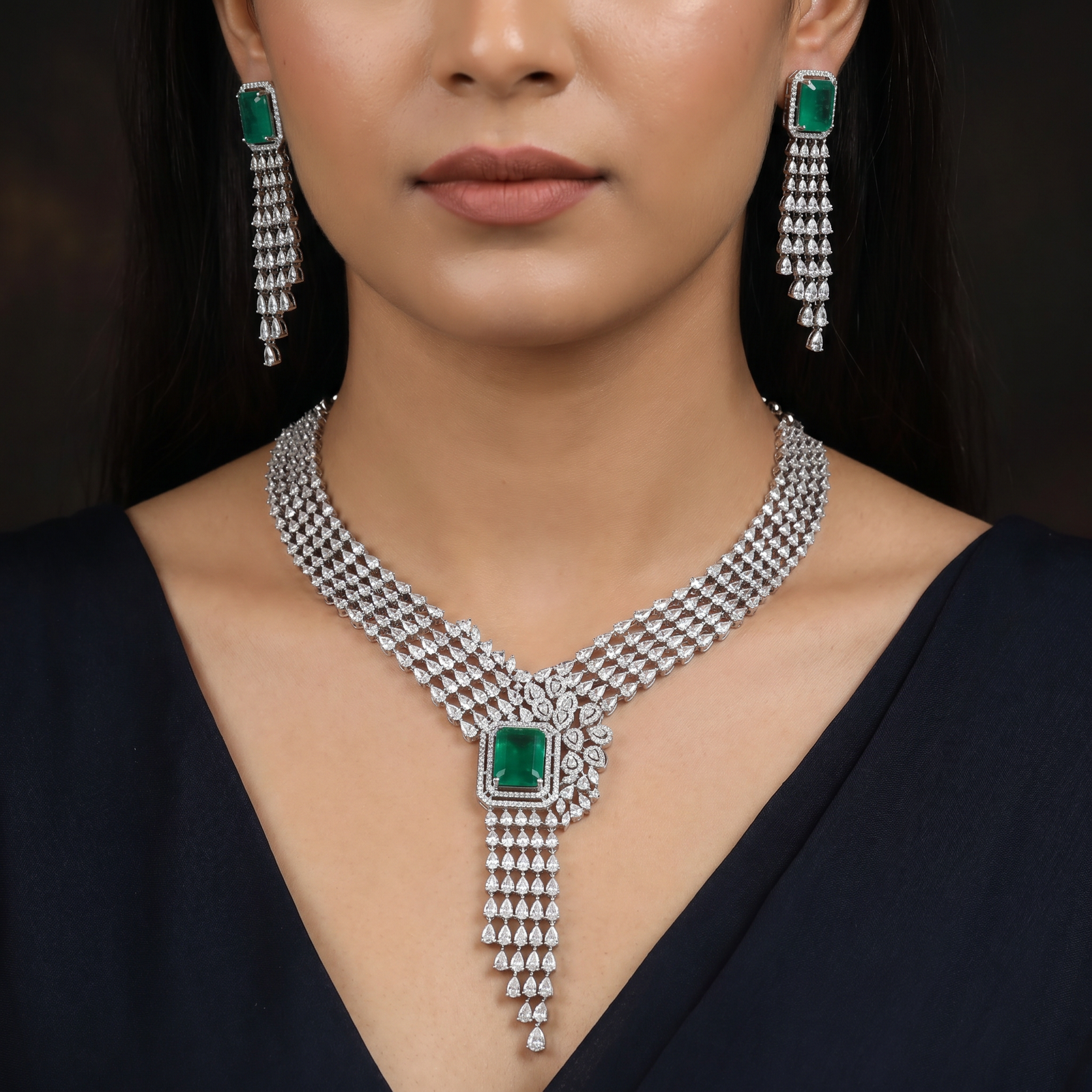 Festoon Layered Rhodium Necklace Set with Structured Centrepiece