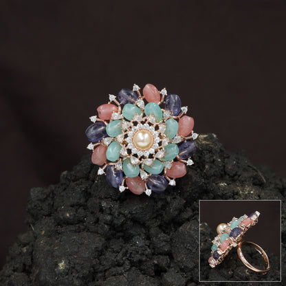 Multi Petal Crystal Finger Ring with Pearl Centerpiece