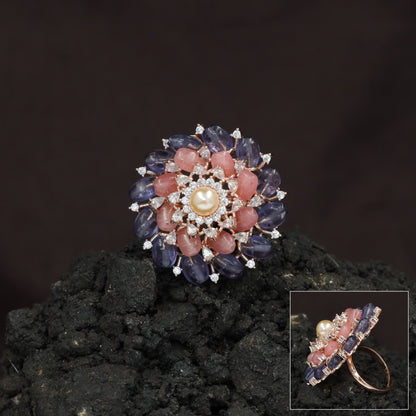 Multi Petal Crystal Finger Ring with Pearl Centerpiece