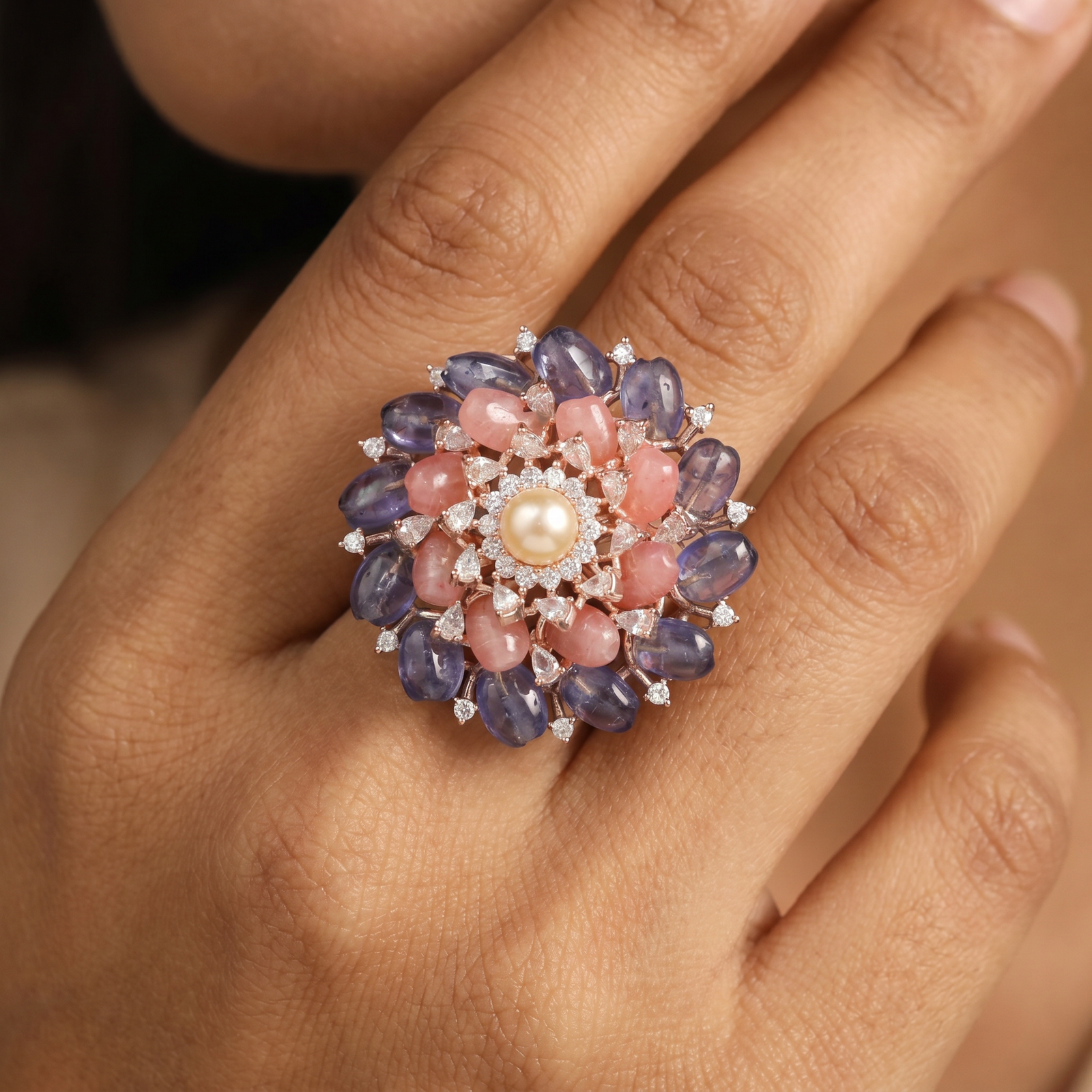 Multi Petal Crystal Finger Ring with Pearl Centerpiece