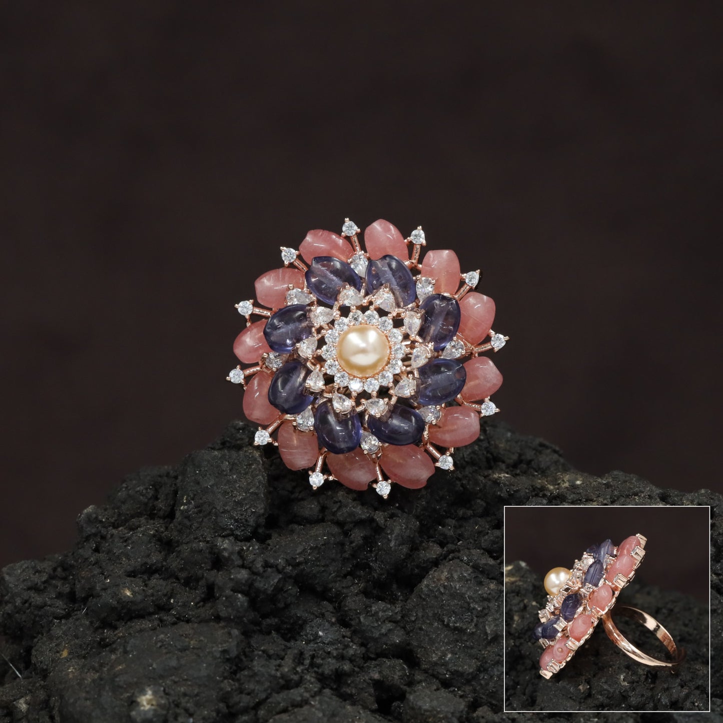 Multi Petal Crystal Finger Ring with Pearl Centerpiece