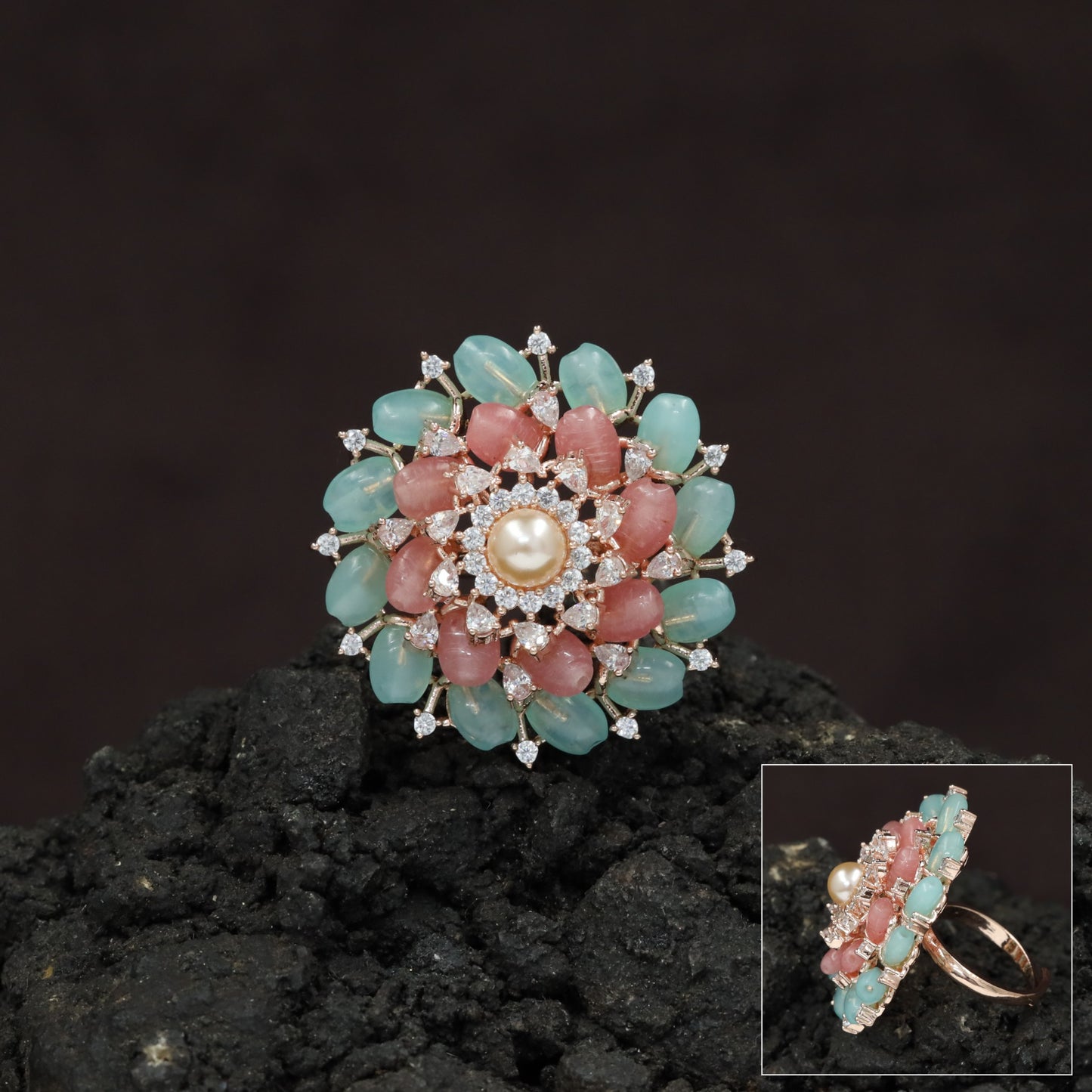 Multi Petal Crystal Finger Ring with Pearl Centerpiece