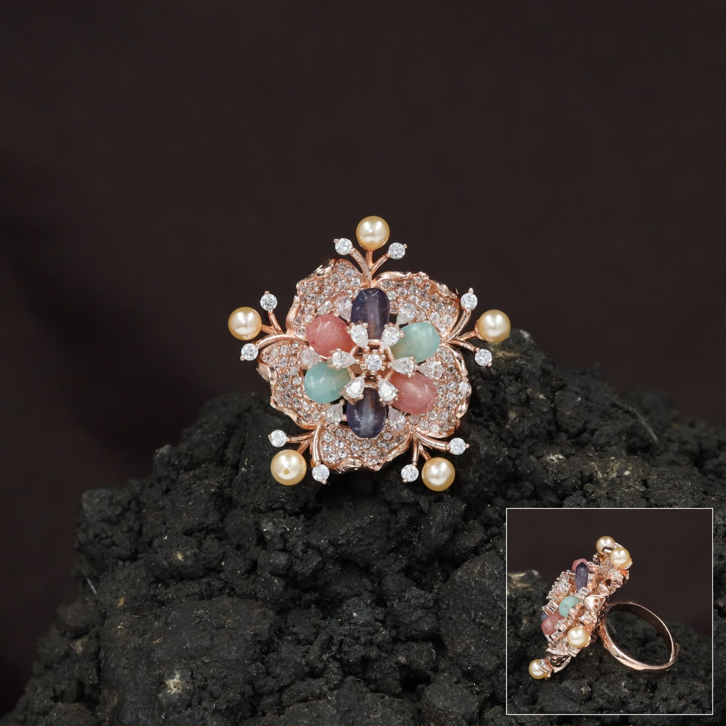 Floral Pearl Crystal Finger Ring with Petal Cluster Design