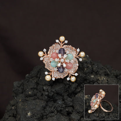 Floral Pearl Crystal Finger Ring with Petal Cluster Design