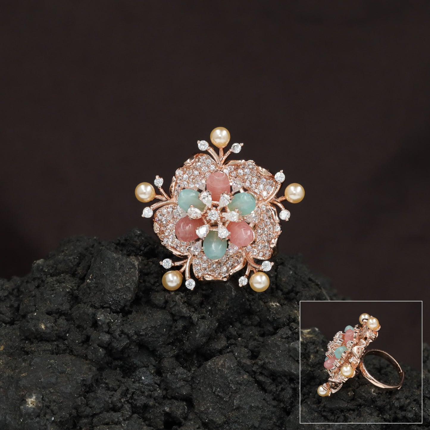 Floral Pearl Crystal Finger Ring with Petal Cluster Design
