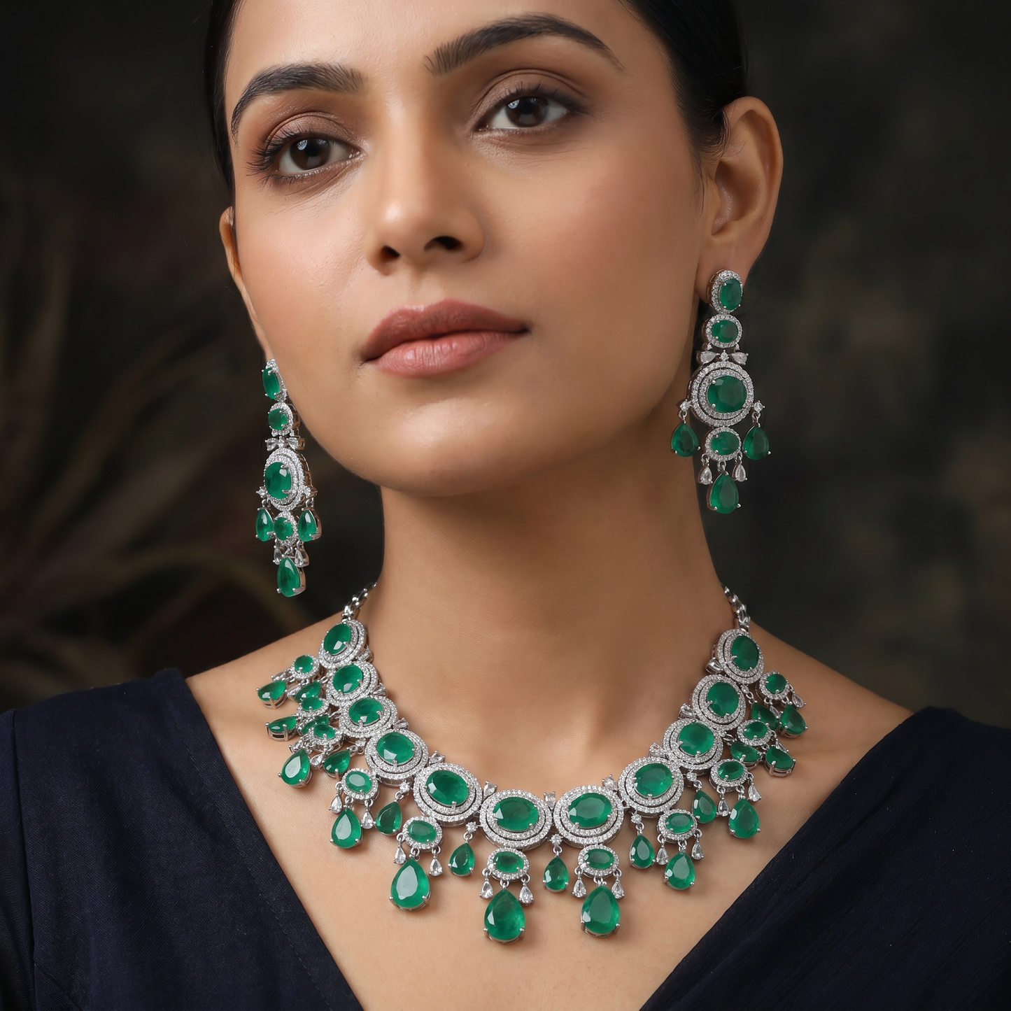 Imperial graduating layout rhodium necklace with a hanging central teardrop cluster