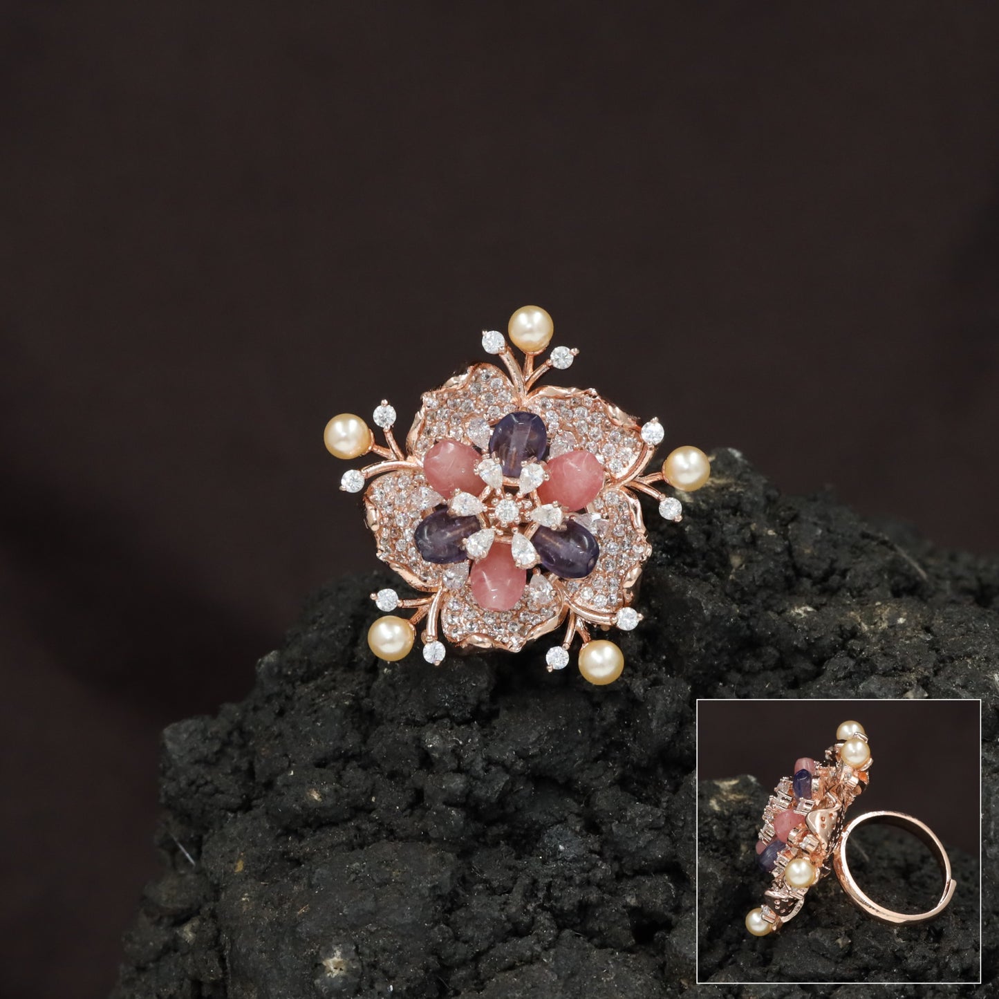 Floral Pearl Crystal Finger Ring with Petal Cluster Design