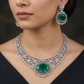 Traditional floral cluster mesh rhodium necklace set with a large oval centerpiece